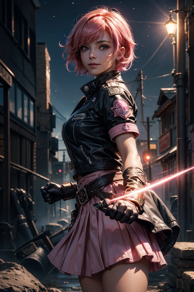 1girl,cowboy shot, beautiful nora_valkyrie, looking at viewer, smile, short hair, blue eyes,heart design on t-shirt, gloves, jacket, pink skirt, pink belt, short sleeves, puffy sleeves, single armband, fingerless gloves, short hair, orange hair, pink gloves, dynamic pose, night, lightning, outdoors, city, (volumetric lighting), best quality, masterpiece, intricate details, tonemapping, sharp focus, hyper detailed, trending on Artstation,