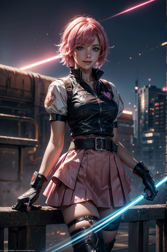  1girl,cowboy shot, beautiful nora_valkyrie, looking at viewer, smile, short hair, blue eyes,heart design on t-shirt, gloves,  jacket, pink skirt, pink belt, short sleeves, puffy sleeves, single armband, fingerless gloves, short hair, orange hair, pink gloves, dynamic pose, night, lightning, outdoors, city, (volumetric lighting), best quality, masterpiece, intricate details, tonemapping, sharp focus, hyper detailed, trending on Artstation,