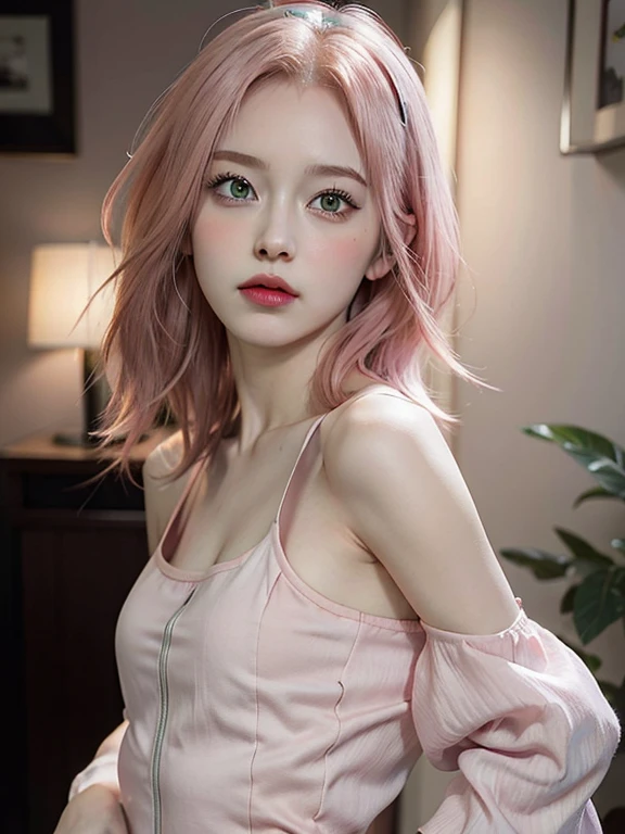 young woman, short shoulder-length pink hair, wide forehead, porcelain skin, pink eyebrows, big emerald green eyes, buttoned nose, full lips, heart-shaped face, slender body, small breasts, red tank top, Sakura Haruno , realistic, realism, details, 3d, well detailed