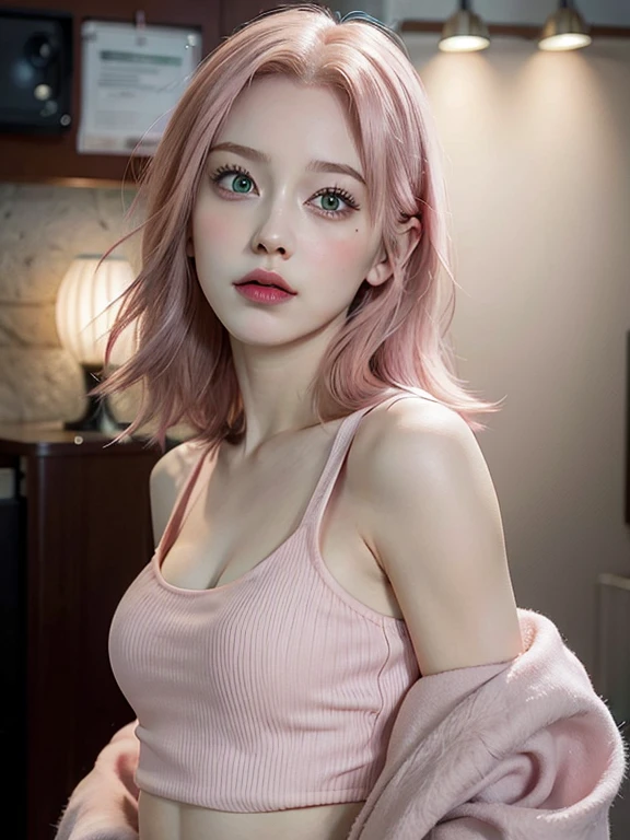 young woman, short shoulder-length pink hair, wide forehead, porcelain skin, pink eyebrows, big emerald green eyes, buttoned nose, full lips, heart-shaped face, slender body, small breasts, red tank top, Sakura Haruno , realistic, realism, details, 3d, well detailed