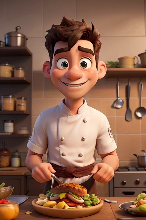 Homem ,chef de cozinha ((melhor qualidade)), rosto perfeito, ,olhos castanhos ,cabelo preto ,38 anos em uma cozinha ,fazendo uma macarronada