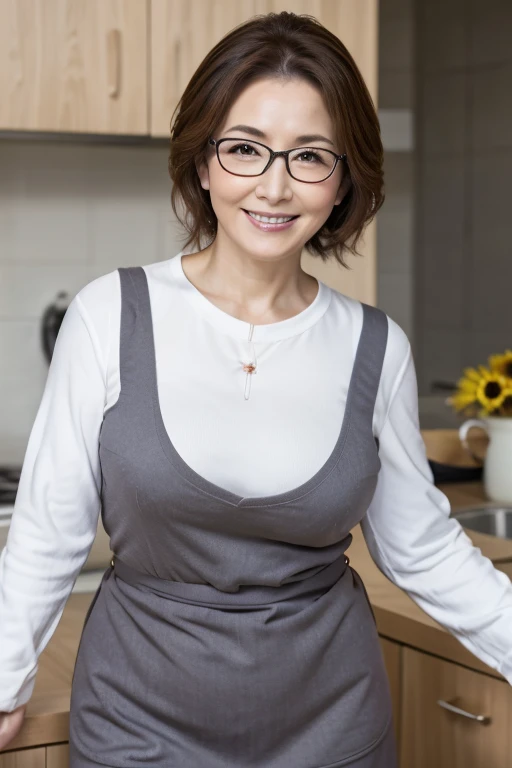 Full Body Shot,,50 years old,Mature Woman,detailedな目,Wrinkles around the eyes,A kind smile,Big Tits 1.6,Saggy breasts 1.3,Plump body,Plump face 1.2,Voluptuous,(masterpiece:1.6, highest quality), Intricate details, Written boundary depth,detailed, (Knitwear and aprons,skirt),8k,highest quality, masterpiece, Ultra-high resolution,, Random hairstyle Being in the kitchen Sideways pose 1.6.Glasses