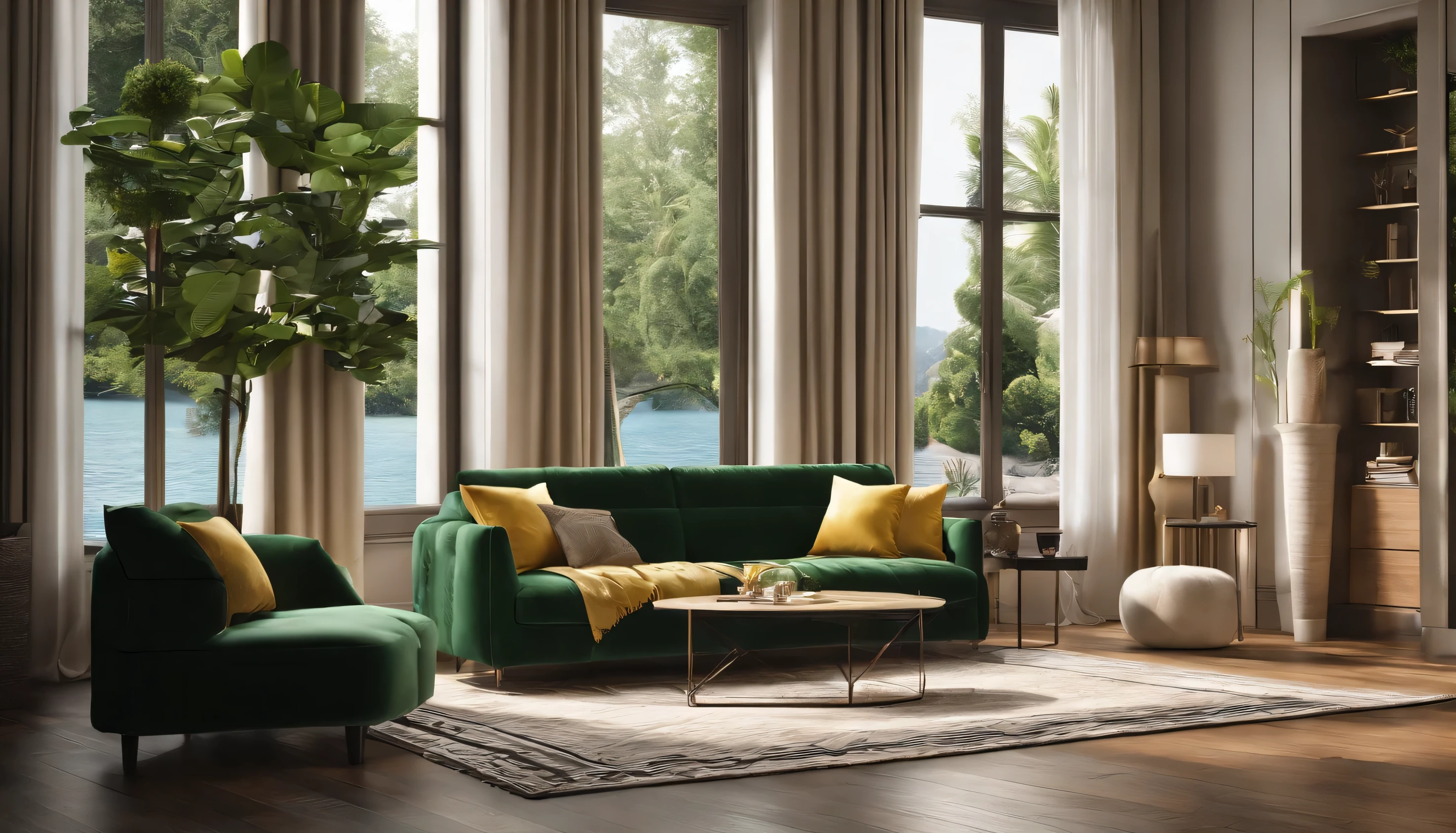 Create a vivid and detailed description of a luxurious living room with a high-quality 8K or 16K resolution. The scene should depict a modern, urban space with the following specific elements: * A white rug as the primary flooring material * A dark yellow wallpaper covering the walls * Dark green curtains adorning the windows * Yellow cushions and decorative pillows on the furniture * A single potted plant placed in a corner of the room * A poster or artwork of the sea hanging on the wall (feature a high-quality image of the sea, with clear sunlight and minimal distortion) * A broad-angle shot capturing the entire room, with a focus on the warm and comfortable atmosphere Please describe the scene in a way that is visually stunning and evocative, using precise language to convey the textures, colors, and overall aesthetic of the space.