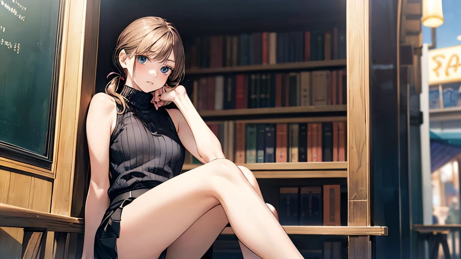 (masterpiece:1.2, highest quality), (Realistic, photoRealistic:1.4), Beautiful illustrations, (Natural Side Lighting, Cinema Lighting),
avert your eyes, (From below), 1 girl, 日Book語, high school girl, , Perfect Face, Perfect body, Cute and symmetrical face, Shiny skin, Baby Face, short hair:1.5, (Low Ponytail):1.6, Long sideburns, Light brown hair), Asymmetrical bangs, Dark blue eyes, Big eyes, Droopy eyes, (Middle chest, Captivating thighs, Big Ass),
Beautiful Hair, Beautiful Face, Beautiful fine details, Beautiful clavicle, Beautiful body, Beautiful breasts, Beautiful thighs, Beautiful feet, Beautiful fingers, Bookを持っている,
((Sleeveless Black Turtleneck Sweater, タイトmini skirt), belt, emerald green hair ribbon),
(Beautiful views), evening, (amusement park), walk, (put your hands in your hair), Bookを持っている, (Sad look), Bookを読んでいる,whole body,mini skirt,Attractive legs,手にBookを持っている,Book