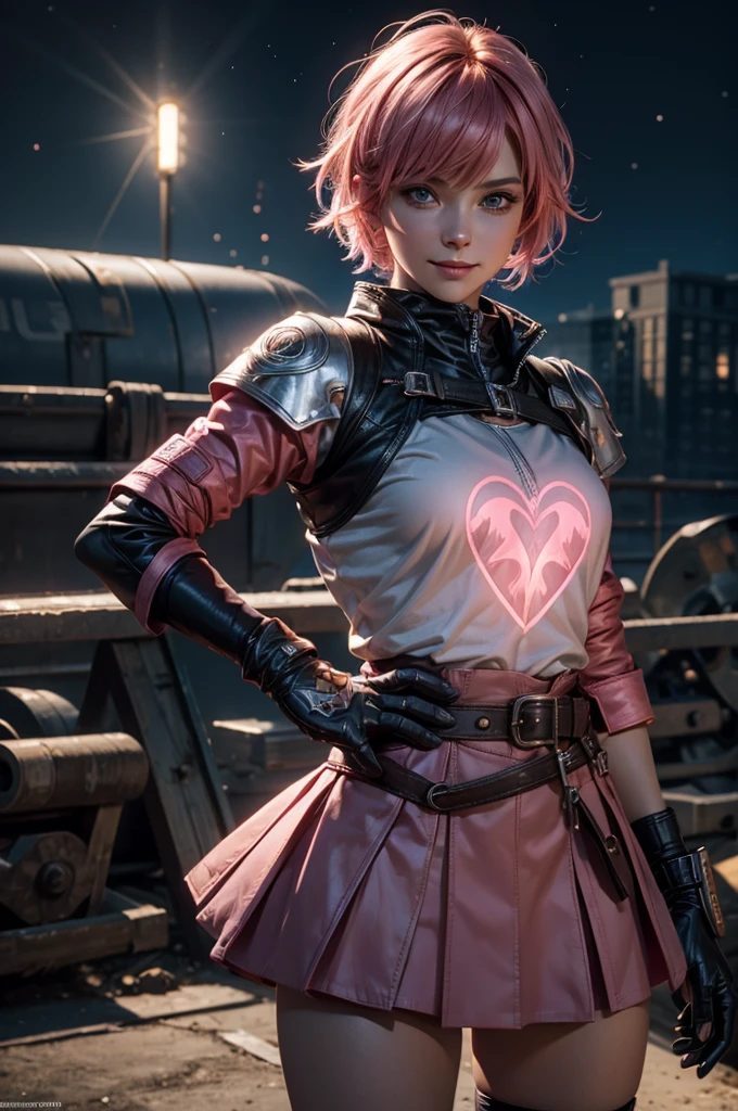  1girl,cowboy shot, beautiful nora_valkyrie, looking at viewer, smile, short hair, blue eyes,heart design on t-shirt, gloves,  jacket, pink skirt, pink belt, short sleeves, puffy sleeves, single armband, fingerless gloves, short hair, orange hair, pink gloves, dynamic pose, night, lightning, outdoors, city, (volumetric lighting), best quality, masterpiece, intricate details, tonemapping, sharp focus, hyper detailed, trending on Artstation,