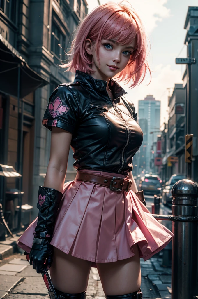  1girl,cowboy shot, beautiful nora_valkyrie, looking at viewer, smile, short hair, blue eyes,heart design on t-shirt, gloves,  jacket, pink skirt, pink belt, short sleeves, puffy sleeves, single armband, fingerless gloves, short hair, orange hair, pink gloves, dynamic pose, night, lightning, outdoors, city, (volumetric lighting), best quality, masterpiece, intricate details, tonemapping, sharp focus, hyper detailed, trending on Artstation,