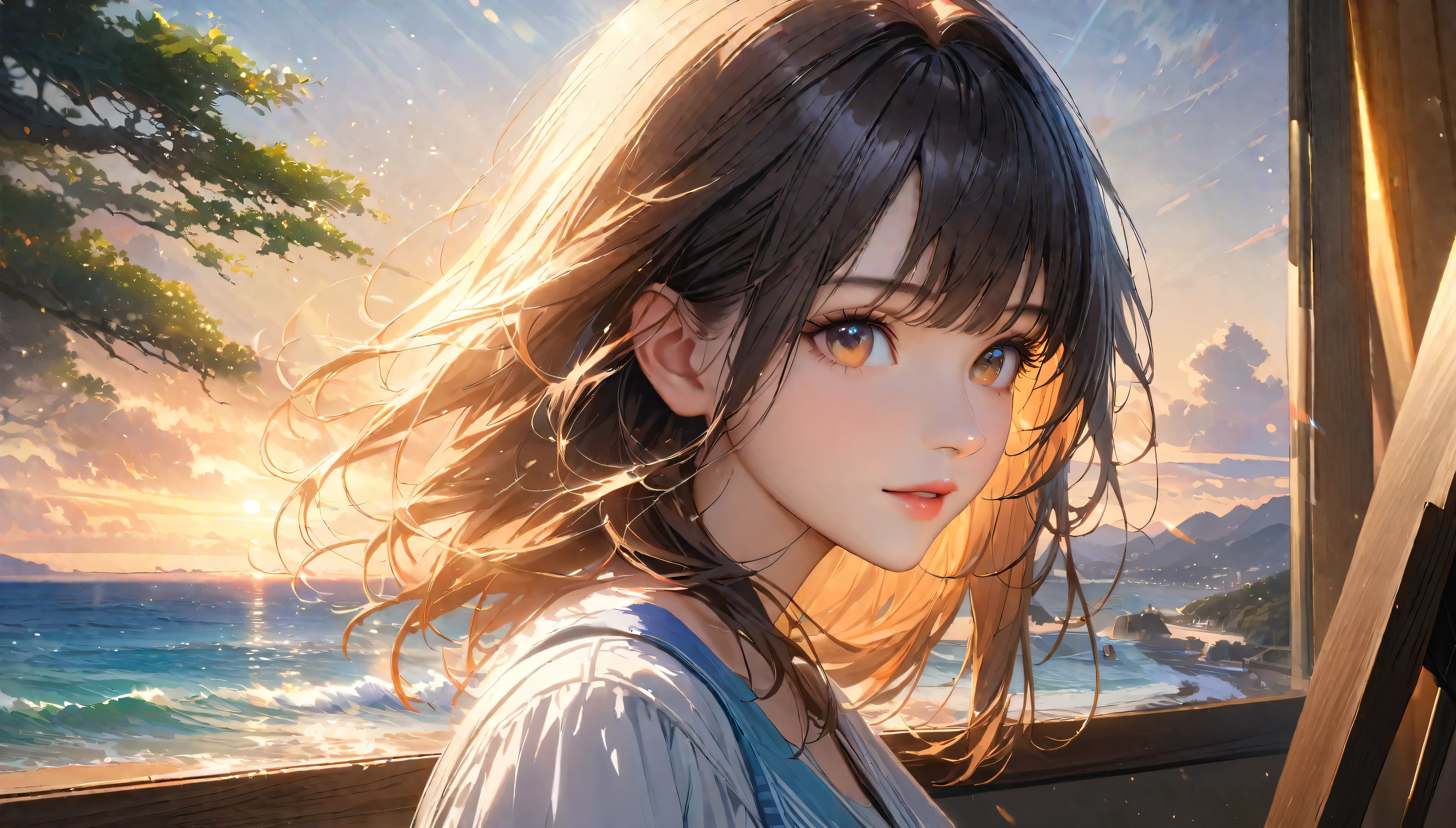 Sparkling ocean and tranquil coastline, Sunny sky with fluffy white clouds, Green trees along the coast々々, Pleasant sea breeze. shape,Young woman with dark hair, highest quality, 4K, 8k, High resolution, masterpiece:1.2, Very detailed, Realistic:1.37, High resolution, 超High resolution, Studio Lighting, Ultra-fine painting, Sharp focus, Physically Based Rendering, Very detailed explanation, Professional, Vibrant colors, Bokeh, Portraiture, landscape, photograph. Blue dominates the color palette, Natural light scene