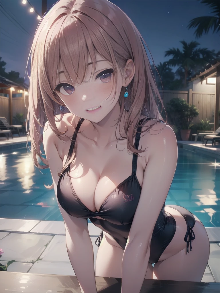 Ultra-high resolution、high resolution、highest quality、Entire foot and hand、Full Finger、Beautiful woman1people、smile、pink sexy swimsuit、sprawl、Night Pool、Soft Breasts、Embarrassed laugh、Sexy pose、(On all fours)、Poses that accentuate the chest