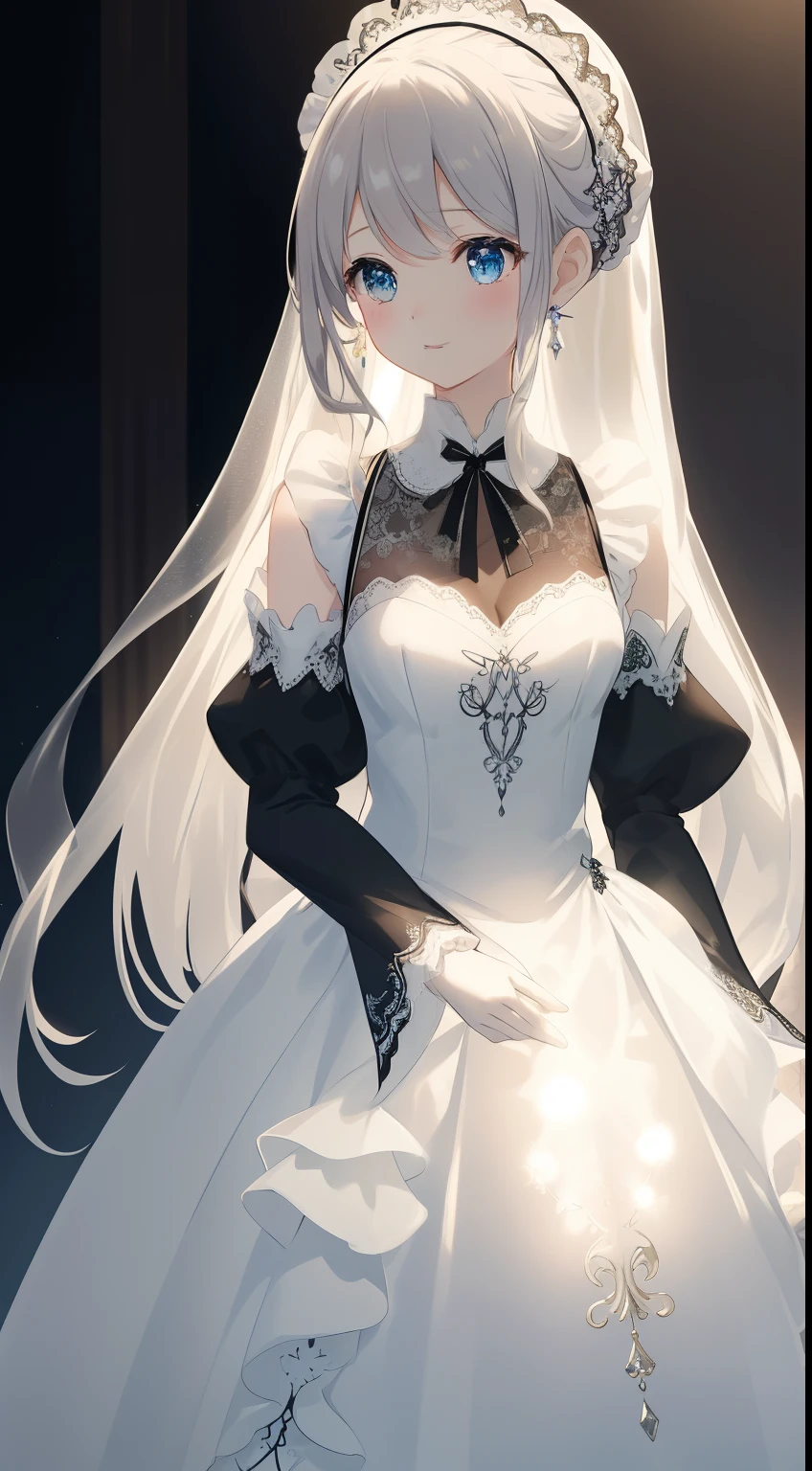 A mannequin stand is dressed in a maid outfit、((Fantasy))、 Translucent dress, Black and white dress, Elegant Dresses, Fantasy Dress, Magical Dress, romantic dress, Complicated Dress, Fantasyで夢のような, dream style, embroidery, Backlight、amazing splash、
