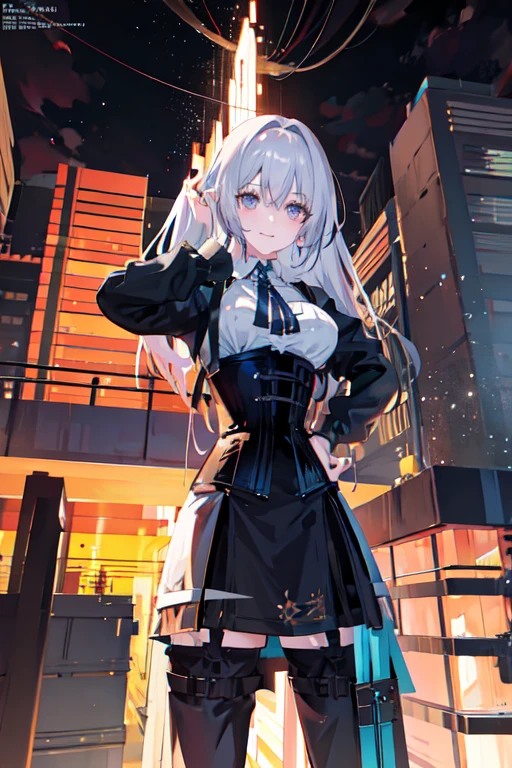 Big breasted anime girl, (corset dress: 1.2), (stockings), (Big smile), (whole body), (people々focus on), (Long white hair), (View from above), (Hair on one eye),Enchanting anime girl, Best anime 4K Kona-chan wallpapers, Attractive anime girl, 4k anime wallpaper, 4K Manga Wallpaper, Detailed digital anime art, Anime Best Girls, Beautiful Anime Girls, cyber punk, Detailed anime artwork, Beautiful and attractive anime women