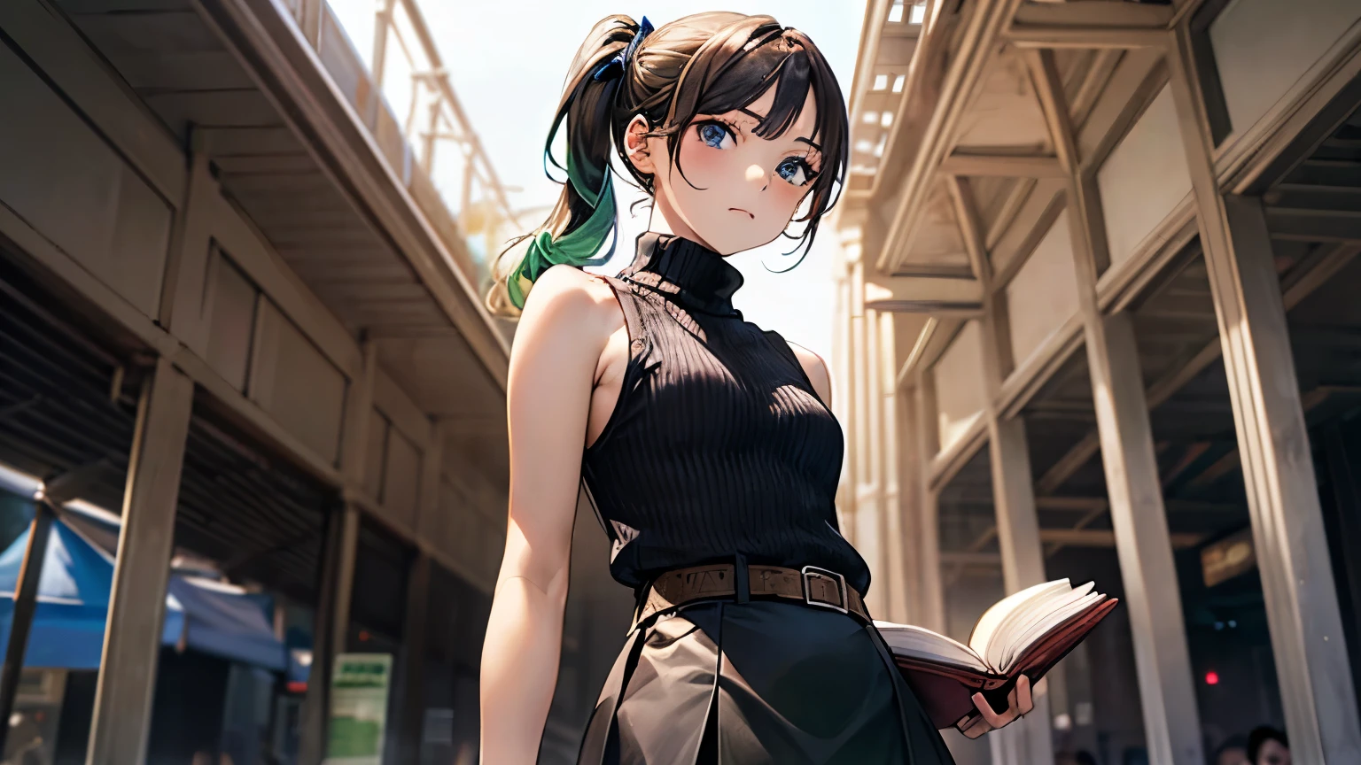 (masterpiece:1.2, highest quality), (Realistic, photoRealistic:1.4), Beautiful illustrations, (Natural Side Lighting, Cinema Lighting),
avert your eyes, (From below), 1 girl, 日Book語, high school girl, 14 years old, Perfect Face, Perfect body, Cute and symmetrical face, Shiny skin, Baby Face, small,
(short hair:1.5, (Low Ponytail):1.6, Long sideburns, Light brown hair), Asymmetrical bangs, Dark blue eyes, Big eyes, Droopy eyes, (Middle chest, Captivating thighs, Big Ass),
Beautiful Hair, Beautiful Face, Beautiful fine details, Beautiful clavicle, Beautiful body, Beautiful breasts, Beautiful thighs, Beautiful feet, Beautiful fingers, Bookを持っている,Book,Bookを読んでいる,
((Sleeveless Black Turtleneck Sweater, タイトmini skirt), belt, emerald green hair ribbon),
(Beautiful views), evening, (amusement park), walk, (put your hands in your hair), Bookを持っている, (Sad look), Bookを読んでいる,whole body,mini skirt,Attractive legs,手にBookを持っている,Book,Bookを読んでる