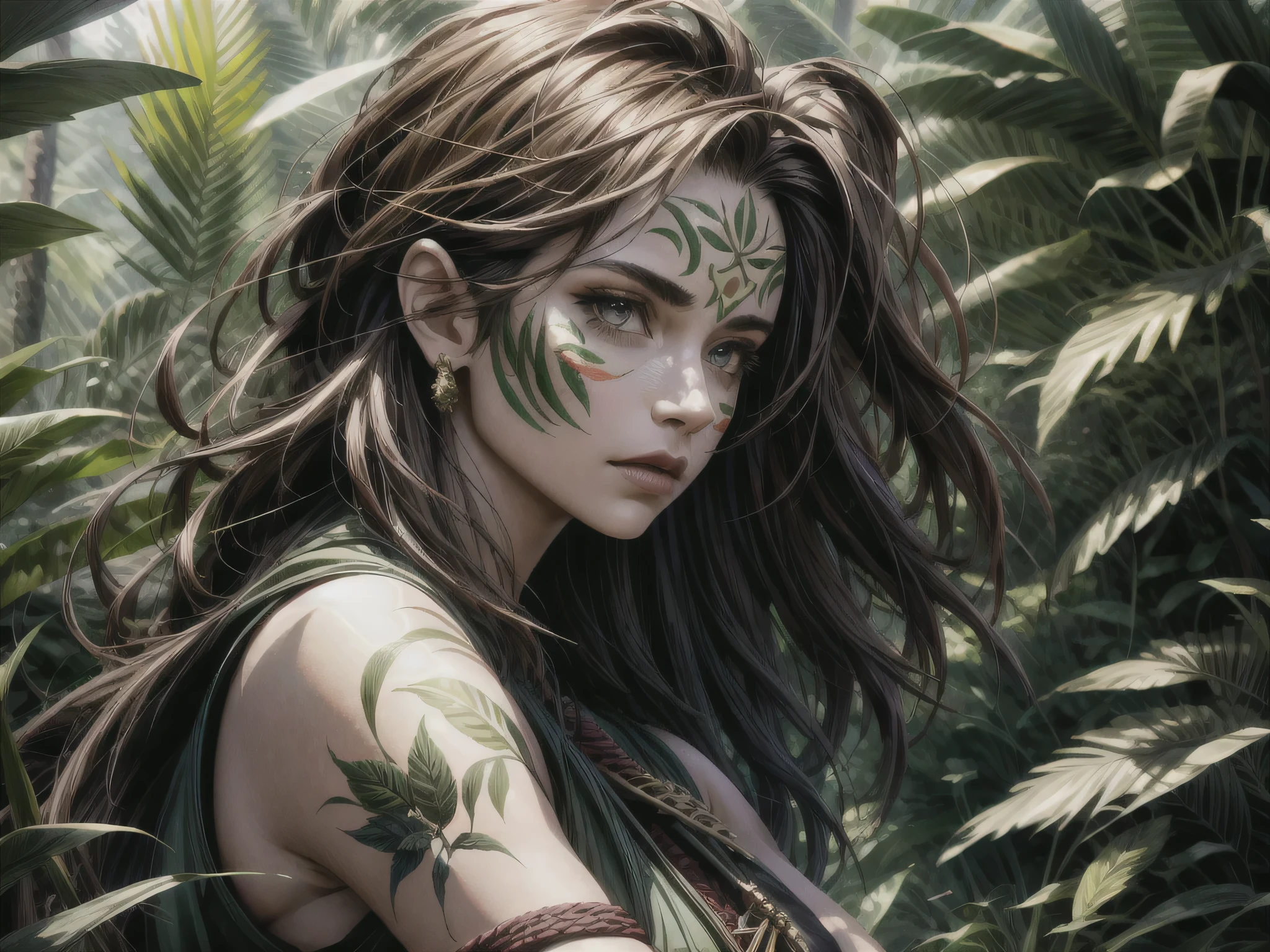 a girl in a lush jungle, tribal face paint, long brown hair, intense eyes, spear in hand, surrounded by tribal warriors, dynamic action pose, cinematic lighting, vibrant colors, highly detailed, photorealistic, (best quality,4k,8k,highres,masterpiece:1.2),ultra-detailed,(realistic,photorealistic,photo-realistic:1.37),intricate details,dramatic lighting,cinematic composition,lush foliage,rugged terrain,powerful,brave,adventurous