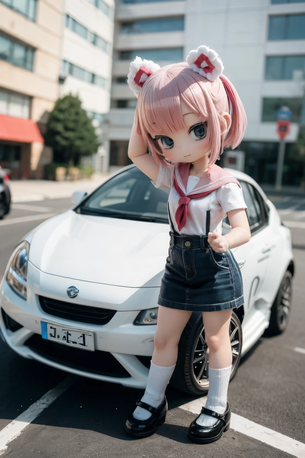 Photorealistic、Chibi Girl Doll(Dynamic pose in front of an electric car)