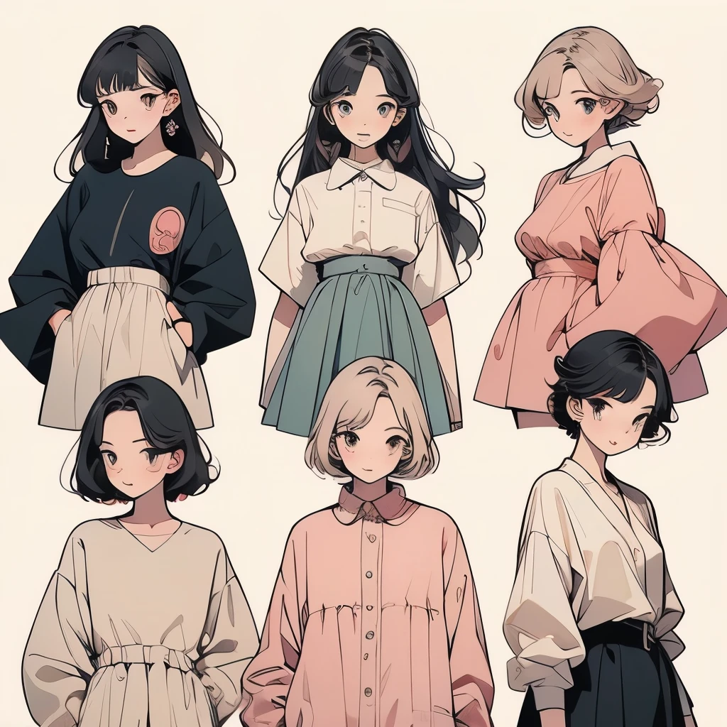 ((highest quality)), ((masterpiece)), (detailed), Perfect Face,Ala-fed illustration of a group of women in various outfits, Illustration Style, Wearing long, loose clothing, Casual clothingスタイル, Cute art style, drawing style, Casual clothing, Simple clothes, Fashion Research, 多Mr.な衣装, Pink clothes, Bust Up Illustration, Mr.々Hairstyle, Mr.々Hair color, wearing elegant Casual clothing, Mr.々A pose, Trending on artstration, Normal clothes, Dressed in fluent clothes, Dressed in fluent clothes20代の女性,White background