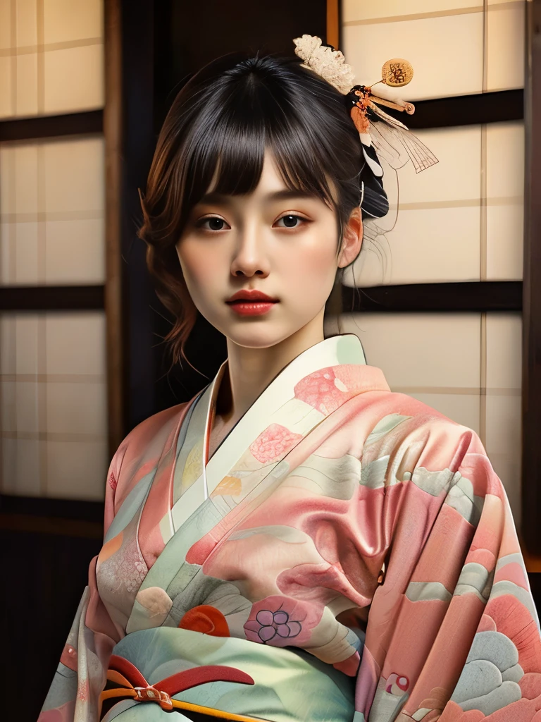 Beautiful young woman、A waitress at a cafe in the early Showa period、Elaborately drawn(Traditional Japanese Kimono:1.5)、Large frilly white apron、Traditional Japan hairstyles、white ruffle headband、(highest quality、4k、8k、High resolution、masterpiece:1.2)、Super detailed、(Real、Photorealistic、Photorealistic:1.37)、Portrait、Bright colors、Soft lighting