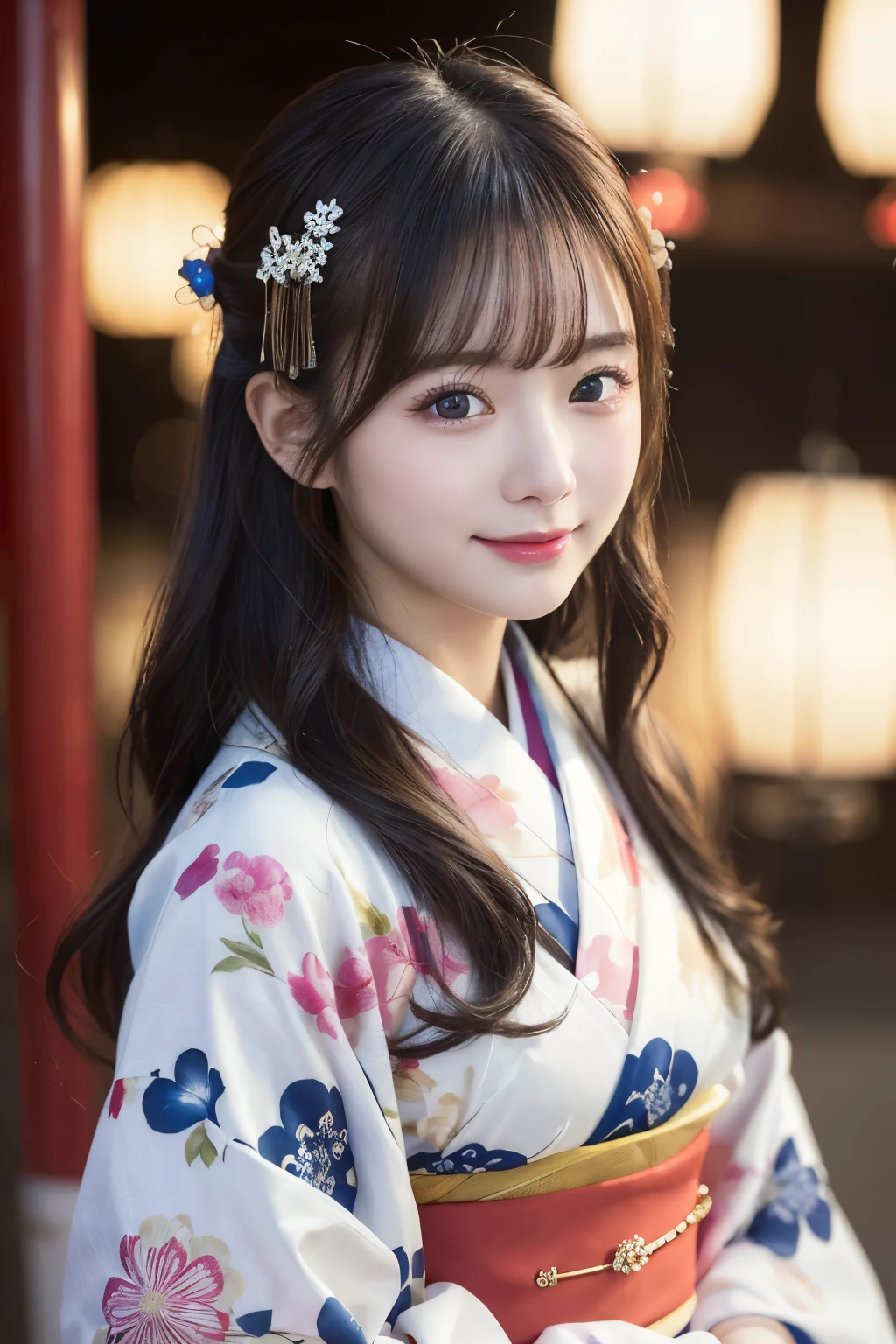 (kimono)、masterpiece、beautiful girl、Beautiful detailed eyes、highest quality, 超A high resolution, (reality: 1.2), Cinema Lighting、(Japanese Girls)、so beautiful、Beautiful Skin、(Looking at the audience)、(Surreal)、(High resolution)、(8k)、(Very detailed)、(Beautiful fine details)、(Very detailed)、 (wallpaper)、Detailed face、Bright lighting、Professional Lighting、Smile