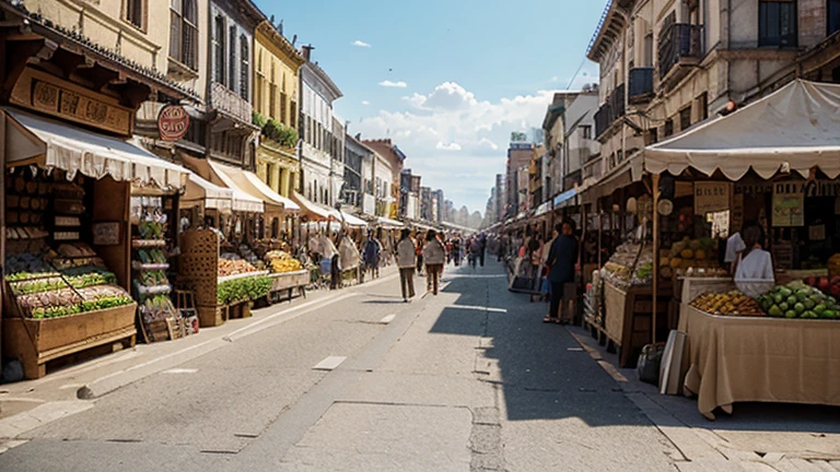 a bustling street market with stalls selling various objects and fruits, central and horizontal vanishing point, blurred people in the background, clear day, ultra-detailed, photorealistic, 8k, masterpiece, intricate details, vibrant colors, warm lighting, natural shadows, atmospheric perspective, dynamic composition, street scene, detailed stalls, fresh produce, woven baskets, wooden crates, rustic textures, crowd of people, natural poses, depth of field