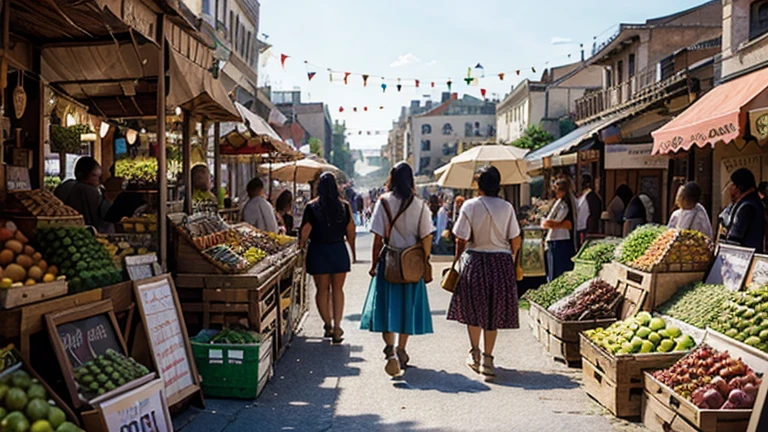 a bustling street market with stalls selling various objects and fruits, central and horizontal vanishing point, blurred people in the background, clear day, ultra-detailed, photorealistic, 8k, masterpiece, intricate details, vibrant colors, warm lighting, natural shadows, atmospheric perspective, dynamic composition, street scene, detailed stalls, fresh produce, woven baskets, wooden crates, rustic textures, crowd of people, natural poses, depth of field