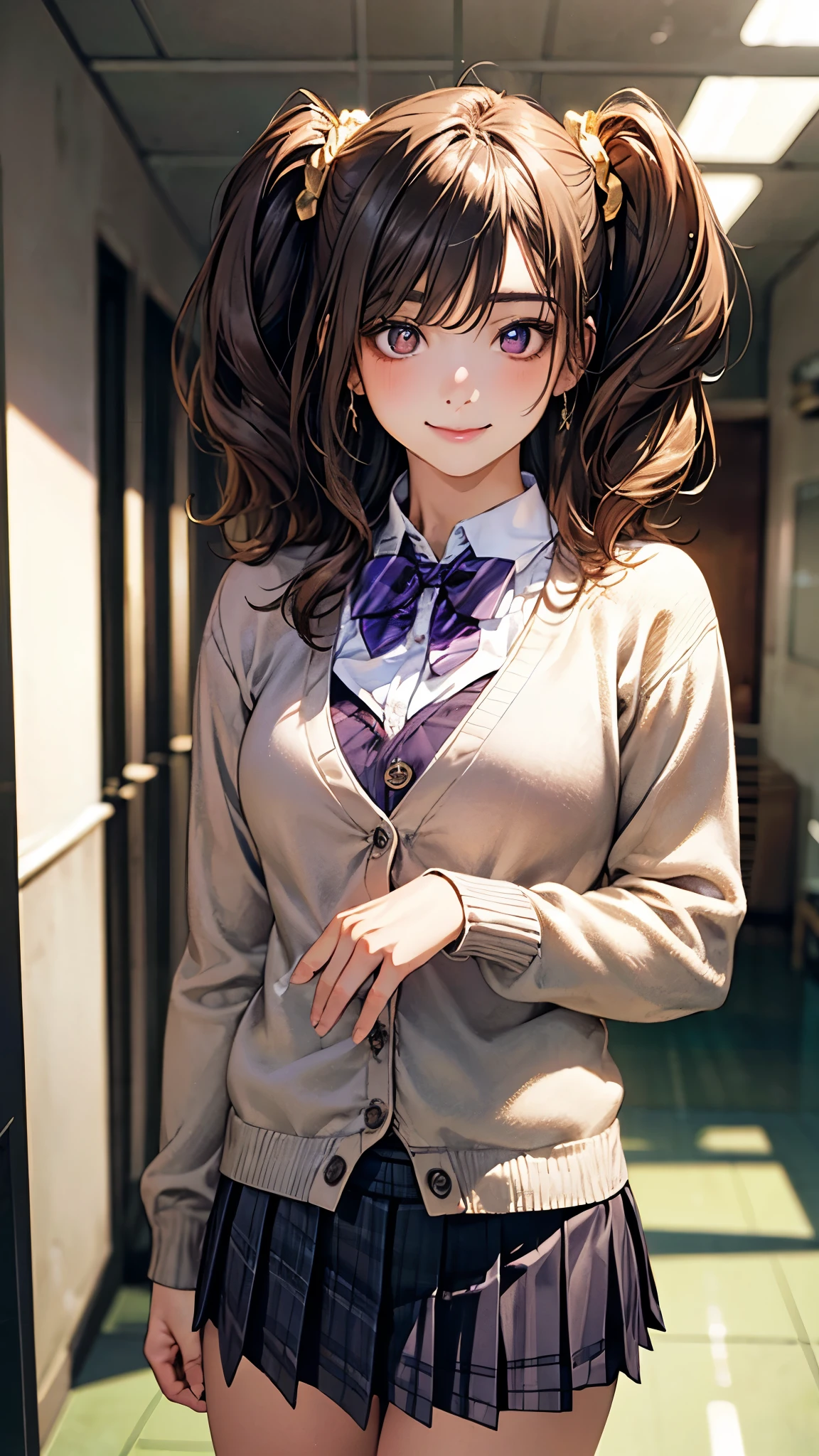 (masterpiece:1.2, Highest quality), (Realistic, photoRealistic:1.4), Beautiful illustrations, (Natural Side Lighting, Cinema Lighting), Browsing Caution, 
View your viewers, Cowboy Shot, Front view:0.6, 1 Girl, Japanese, high School girl, Perfect Face, Cute and symmetrical face, Shiny skin, 
(Long Hair:1.8, Straight hair:1.7, Blonde), Asymmetrical bangs, Purple eyes, (Large Breasts:1.1, Thick thighs), 
Beautiful Hair, Beautiful Face, Beautiful attention to detail, Beautiful clavicle, Beautiful body, Beautiful breasts, Beautiful thighs, Beautiful feet, Beautiful fingers, 
((Light blue collared shirt, Navy pleated mini skirt, socks, Navy tie, Light brown cardigan, Knee socks)), Pink Panties, 
(Beautiful views), evening, School, classroom, curtain, walking, Place your hands between your legs, vibrator in Knee socks, (Cute smile, Upward glance), 