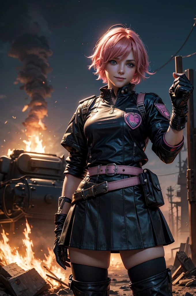1girl,cowboy shot, beautiful nora_valkyrie, looking at viewer, smile, short hair, blue eyes,heart design on t-shirt, gloves, jacket, pink skirt, pink belt, short sleeves, puffy sleeves, single armband, fingerless gloves, short hair, orange hair, pink gloves, dynamic pose, night, lightning, standing near old steam train, post-apocalypse, dystopian future, crowd, (crowd in military uniforms), bonfires, (volumetric lighting), best quality, masterpiece, intricate details, tonemapping, sharp focus, hyper detailed, trending on Artstation,