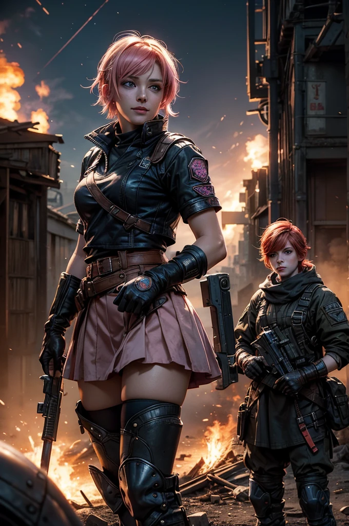 1girl,cowboy shot, beautiful nora_valkyrie, looking at viewer, smile, short hair, blue eyes, heart cutout, gloves, jacket, pink skirt, pink belt, short sleeves, puffy sleeves, single armband, fingerless gloves, short hair, orange hair, pink gloves, dynamic pose, night, lightning, standing on old suspension bridge, river, post-apocalypse, dystopian future, crowd, (crowd in military uniforms), bonfires, (volumetric lighting), best quality, masterpiece, intricate details, tonemapping, sharp focus, hyper detailed, trending on Artstation,