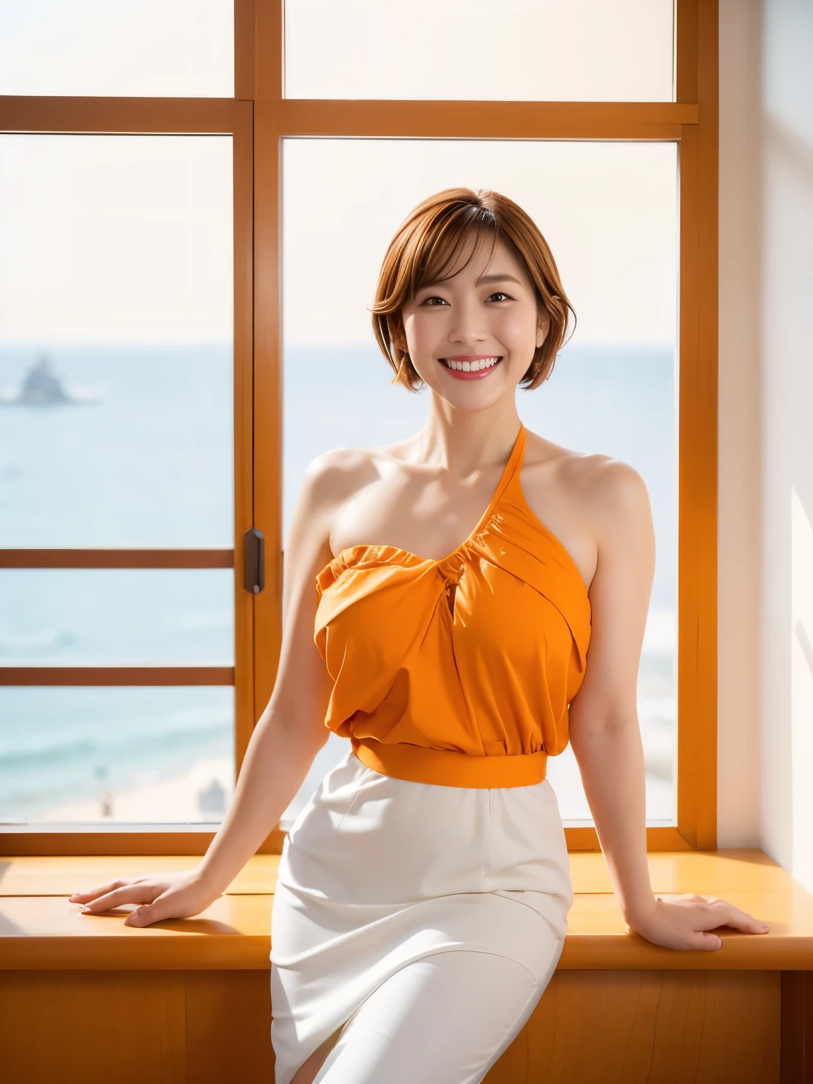 Tabletop, Beautiful woman, (30 years old、Japanese), (Background of a large window with a view of the sea、mechanical、Villa Area、Seaside Mansion、High ceilings、White wall、White floor), ,(((Orange dress))),（White pencil skirt）, (((short hair、Bob Hair, Brown Hair))), （D cup breasts:1.6）、feet, (Skin Texture:1.1), highest quality, 超A high resolution, (Realistic: 1.4), RAW Photos, , Nikon D850 film stock photo, f1.6 Lenses, Rich colors, Realistic, Cinestill 800, Backlight, Rim Light, Studio Lighting, (Bright smile:1.5)