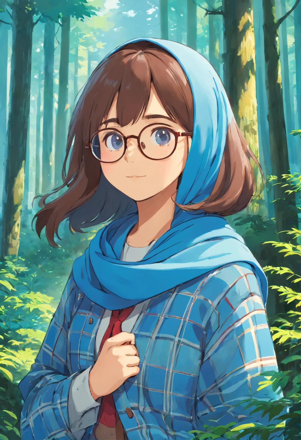 A girl wears a blue checkered shirt, a blue pashmina hijab, clothes with glasses, in the forest background 