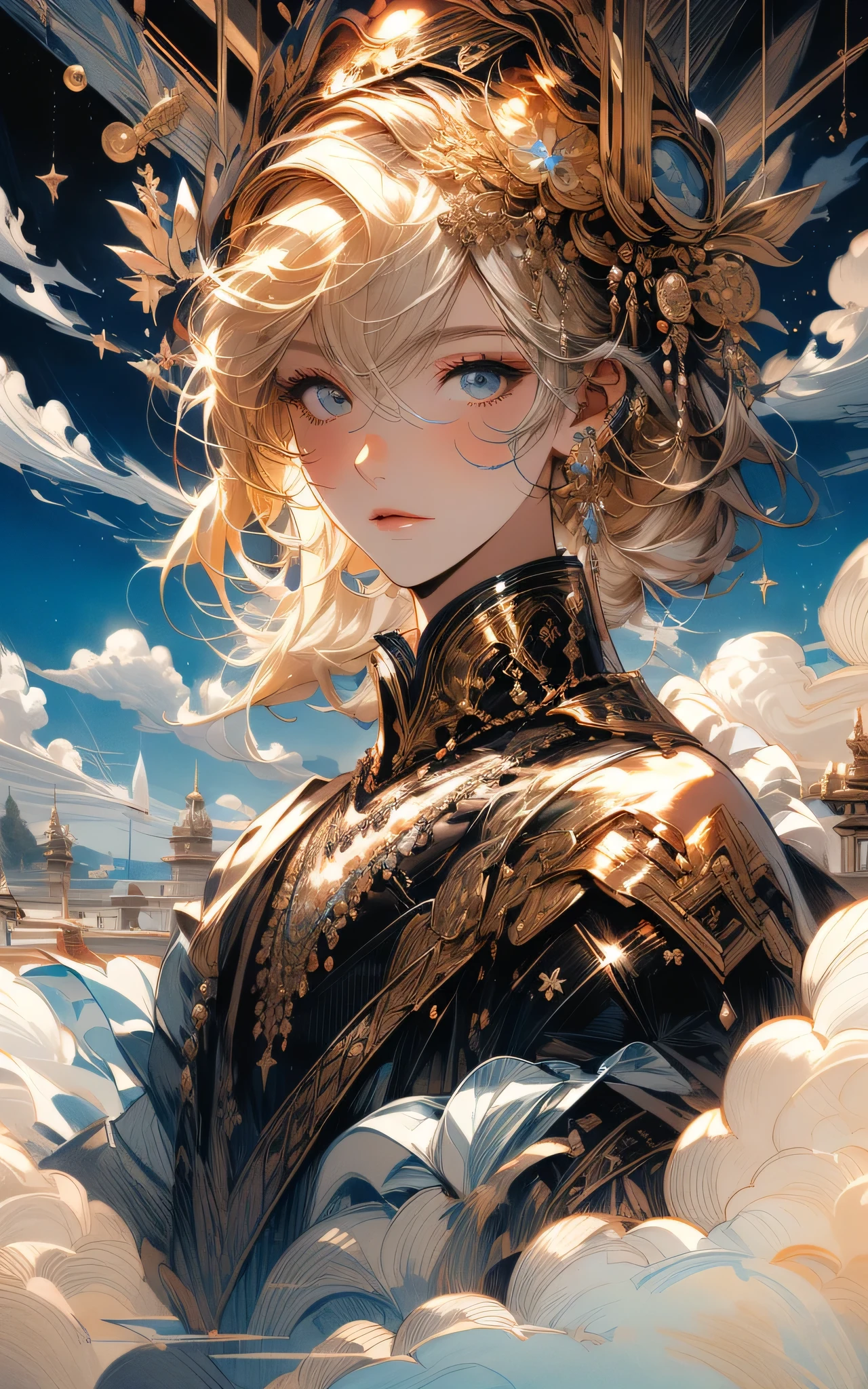 (masterpiece),(best quality), illustration, (fantasy:1.4), perfect male face, solo, cute detailed digital art, beautiful face, golden hair, castle, mountain, a young man, 16 years old, paper_cut