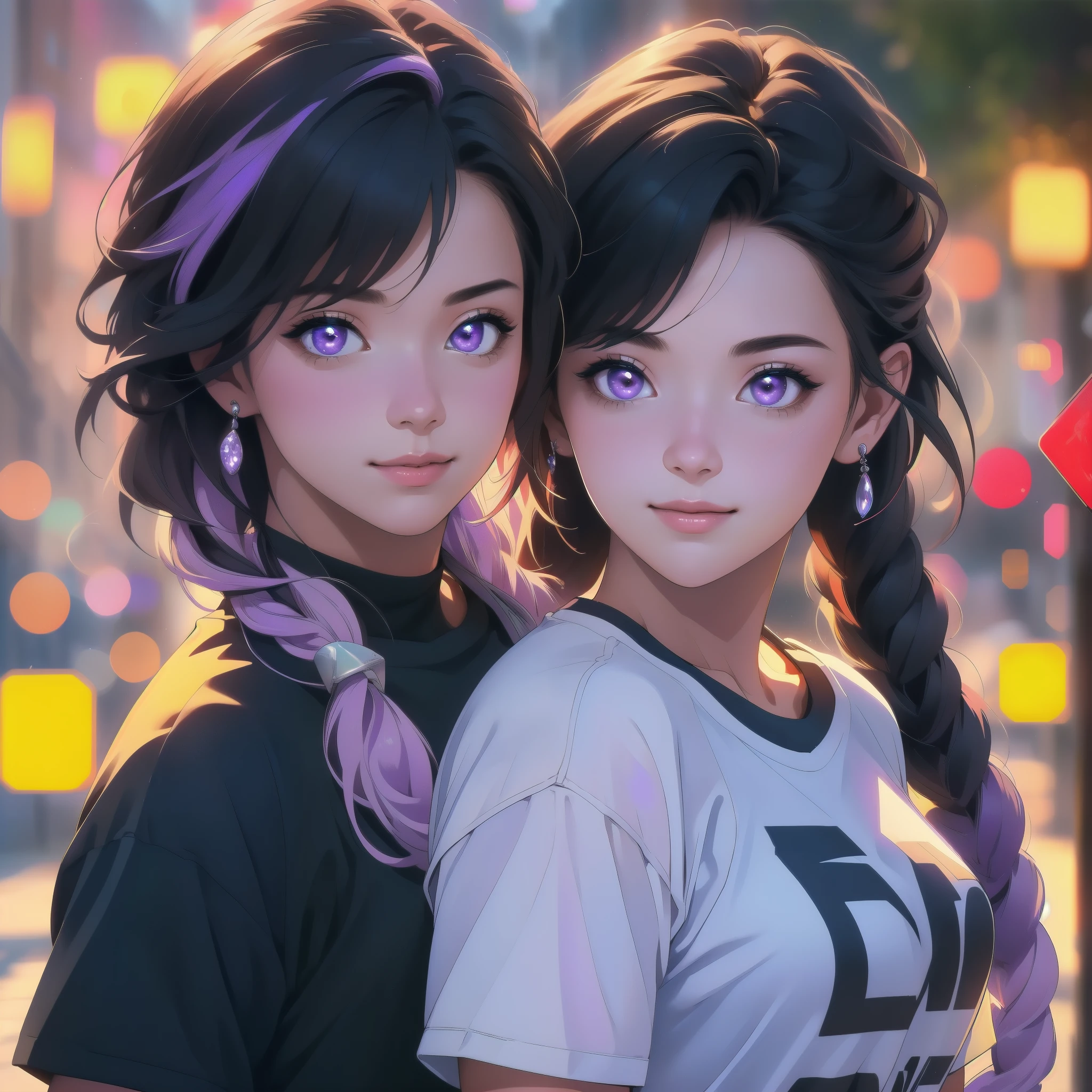 young couple(1 male, 1 woman with purple and white gradient double braids) ,fashion,clear,enhanced details,T-shirt,jeans,smiling,street,sunshine,(best quality,4k,8k,highres,masterpiece:1.2),ultra-detailed,(realistic,photorealistic,photo-realistic:1.37),HDR,UHD,studio lighting,ultra-fine painting,sharp focus,physically-based rendering,extreme detail description,professional,vivid colors,bokeh,portraits