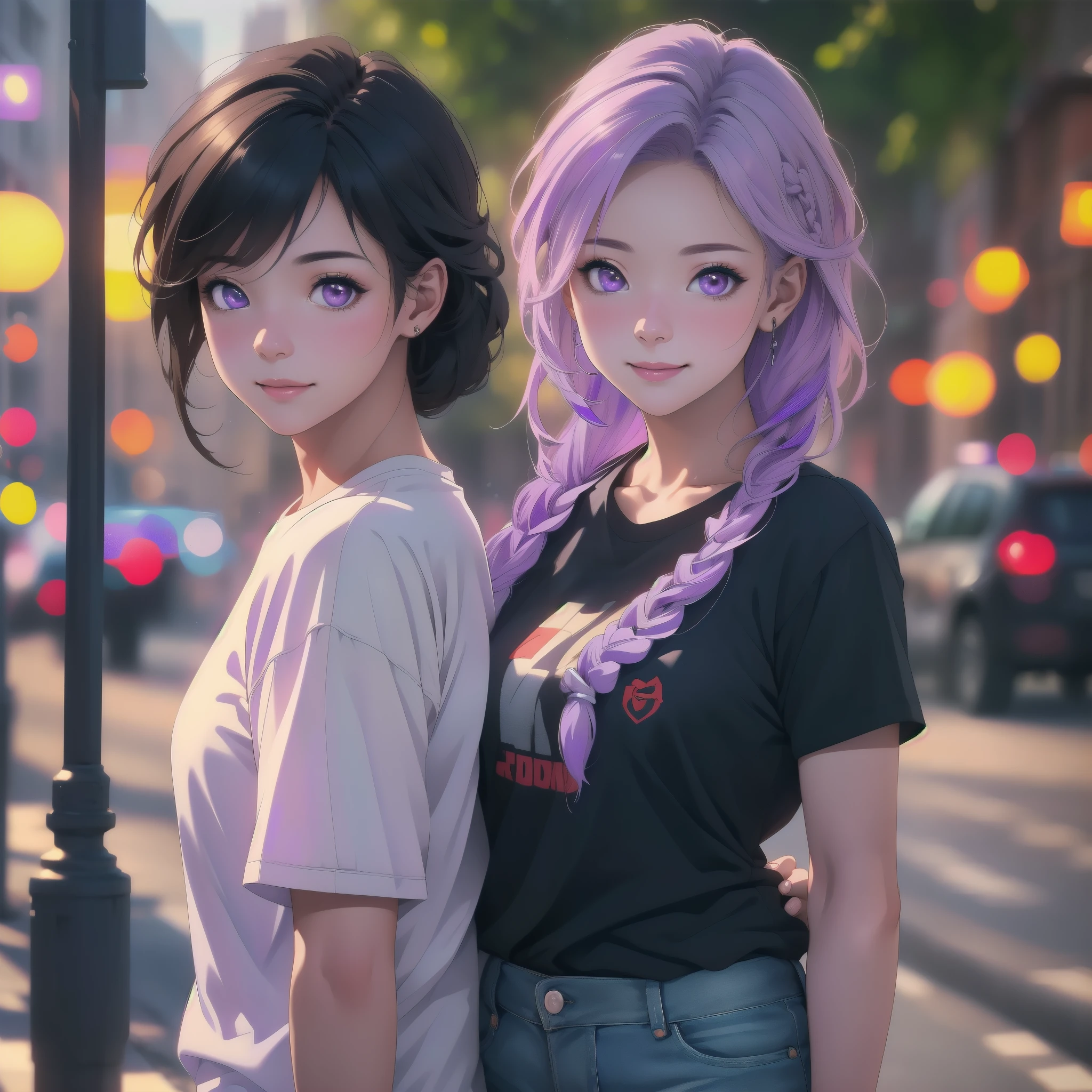 young couple(1 male, 1 woman with purple and white gradient double braids) ,fashion,clear,enhanced details,T-shirt,jeans,smiling,street,sunshine,(best quality,4k,8k,highres,masterpiece:1.2),ultra-detailed,(realistic,photorealistic,photo-realistic:1.37),HDR,UHD,studio lighting,ultra-fine painting,sharp focus,physically-based rendering,extreme detail description,professional,vivid colors,bokeh,portraits