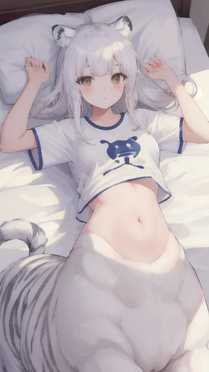 (best quality, masterpiece), 1 girl, centaur, It takes, Naturally lying in bed,  belly button t-shirt,아름다운 소녀 perfect white tiger photo, perfect white tiger photo