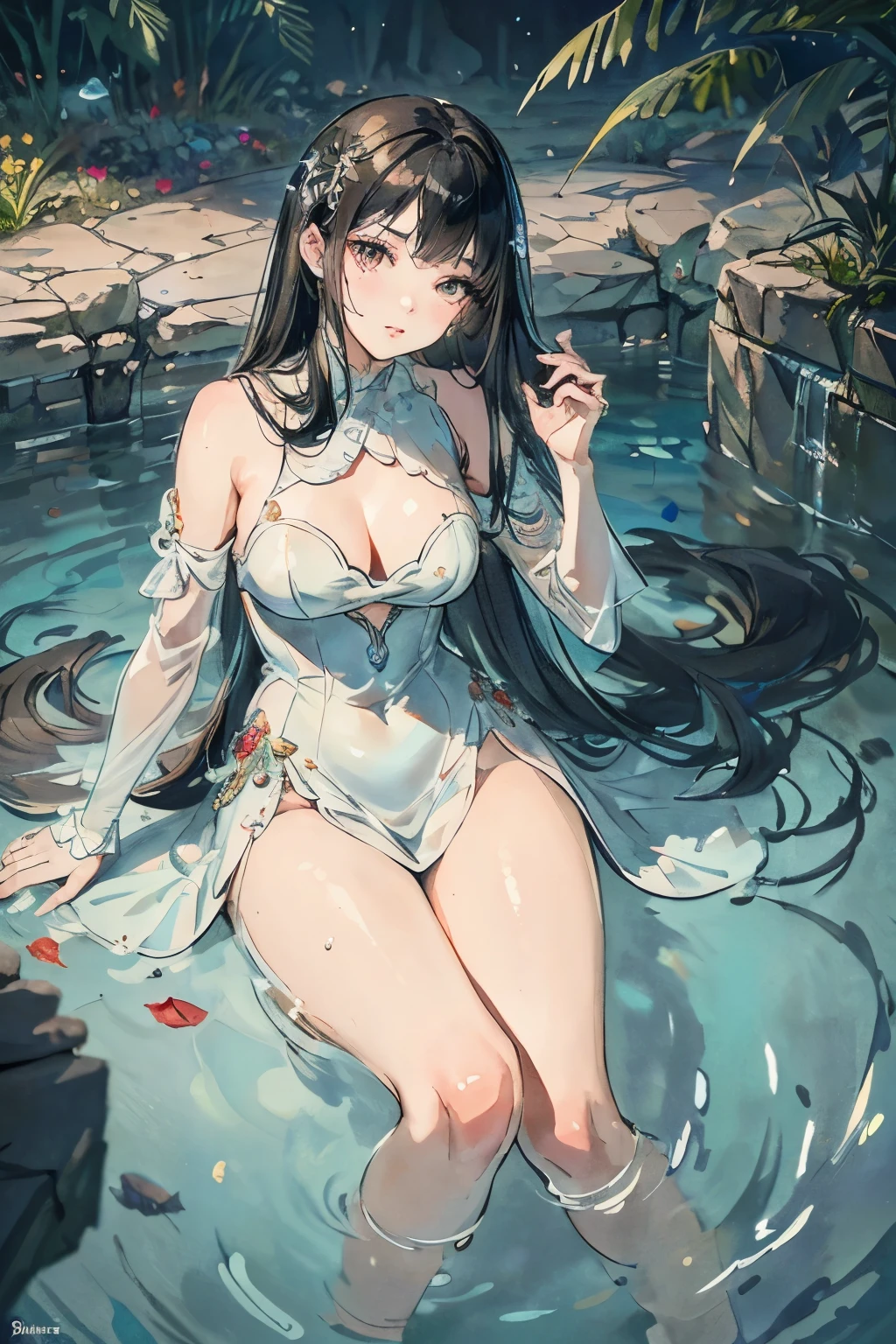 masterpiece, best quality, ultra-detailed, glistening shiny, glowing light, ray tracing, HDR, (perfect face, detailed face, detailed eyes), 8k,HD,ultra realistic face, ray tracing, perfect lighting, best quality, ultra-detailed, High resolution, 1girl, Full body, Description Girls, detail hands, Detail fingers, Detail Face, cute face, detail legs, overdetailed art, Fine details, ((underwater)), ruin, hime cut, black hair, long hair, black eyes, mermaid line dress