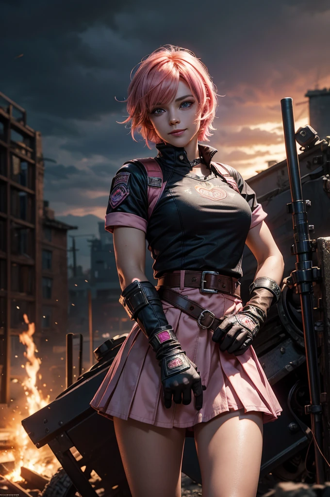 1girl,cowboy shot, beautiful nora_valkyrie, looking at viewer, smile, short hair, blue eyes,heart design on t-shirt, gloves, jacket, pink skirt, pink belt, short sleeves, puffy sleeves, single armband, fingerless gloves, short hair, orange hair, pink gloves, dynamic pose, night, lightning, standing near old steam train, post-apocalypse, dystopian future, crowd, (crowd in military uniforms), bonfires, (volumetric lighting), best quality, masterpiece, intricate details, tonemapping, sharp focus, hyper detailed, trending on Artstation,