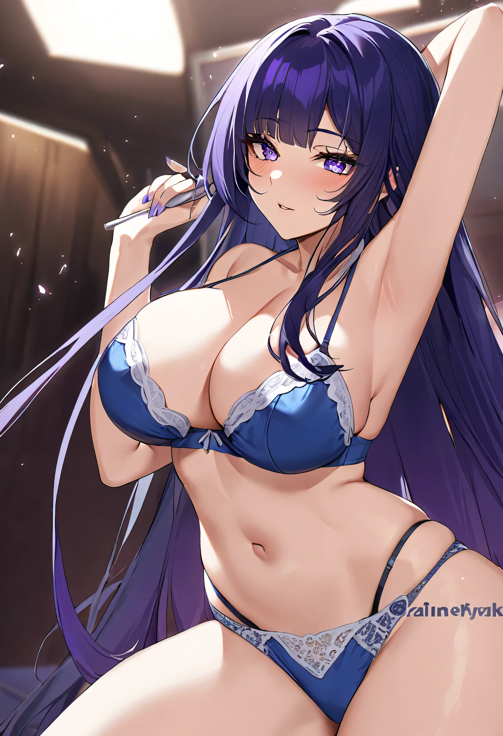 raiden, big breast teke off show lact blue underwear,