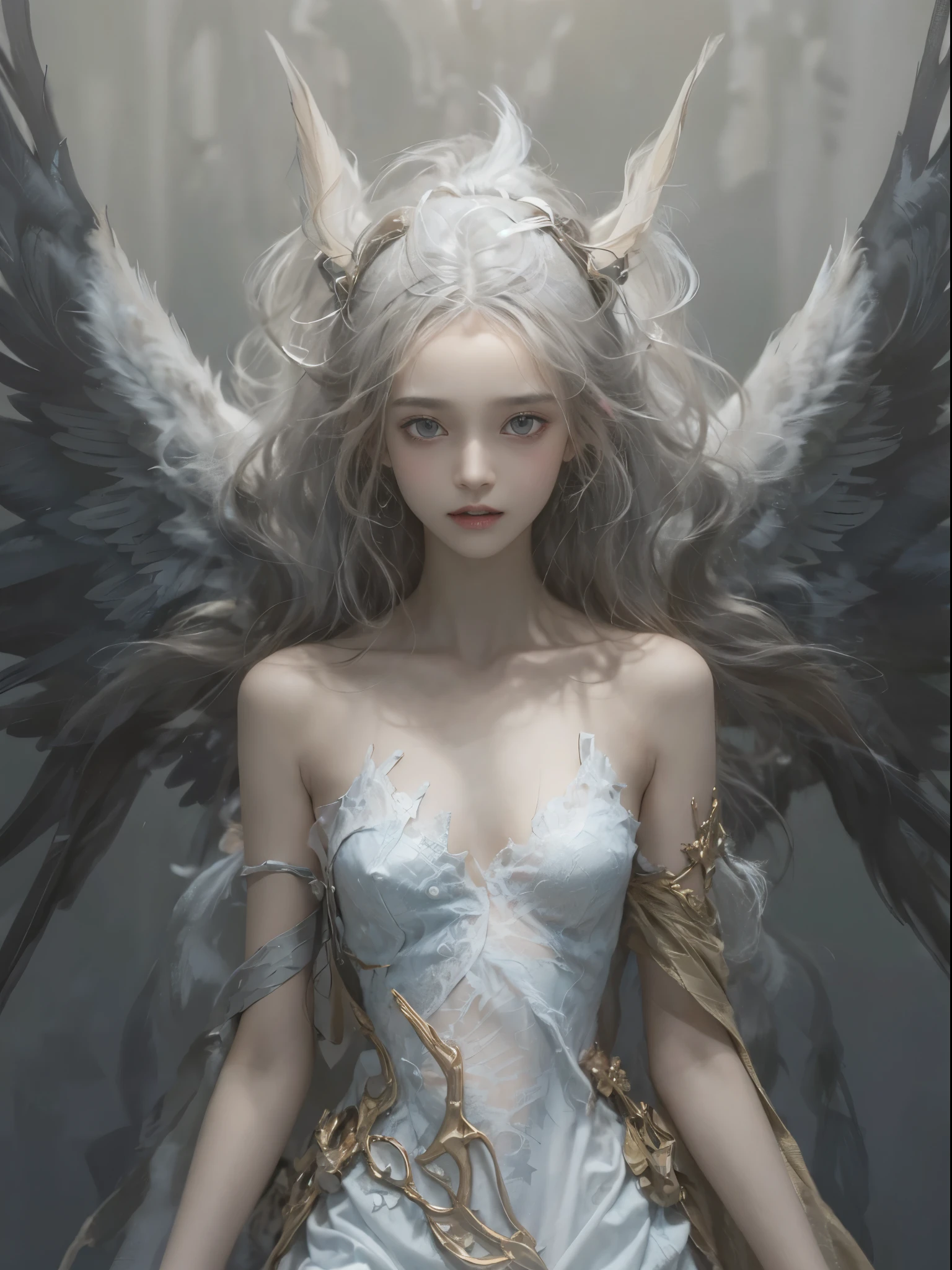 (white color concept:1.0),a girl like doll with angel wings, archdevil, nearly naked, thin body, skinny, small breasts, flat chest, (dynamic pose:1.2), thin body, tiny tits, from the navel up, from below, devil crown, dragon horn, looking down at camera, (no hands),(Highest quality authentic textured skin),(Fine, Round, Symmetrical eyes),Delicate facial features,(Burning bright and cold eyes), very slim and thin body, naked, nude, (She has a mischievous sadness on her face),metal earrings on the ears,A messy painting，(Hair flows in air:1.5),,(Surrounded by black feathers),Epic realism,Cinematic feeling,(high-density imaging review:1.5),Ultra detailed,Dramaticlight,(intricately details:1.1), complex background, fractal background,(fangs:1.2)