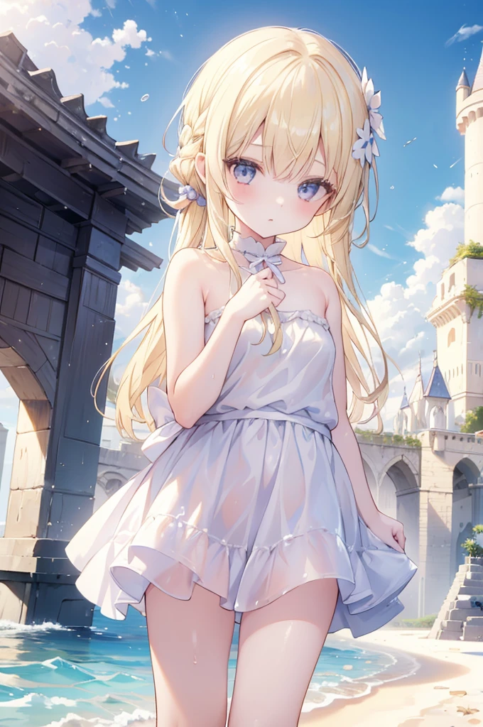 Two girls were playing on the beach. One girl had blond hair and wore white clothes and was splashed by water. The other girl had blue hair and wore light purple clothes and built a sand castlebright golden sunlight, 8k, looking at viewer