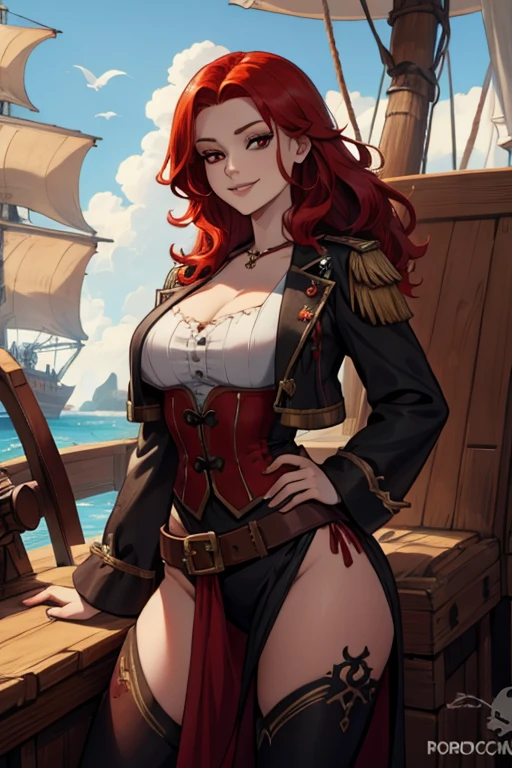 A red haired woman with red eyes and an hourglass figure in a pirate's outfit is smiling while steering a pirate ship
