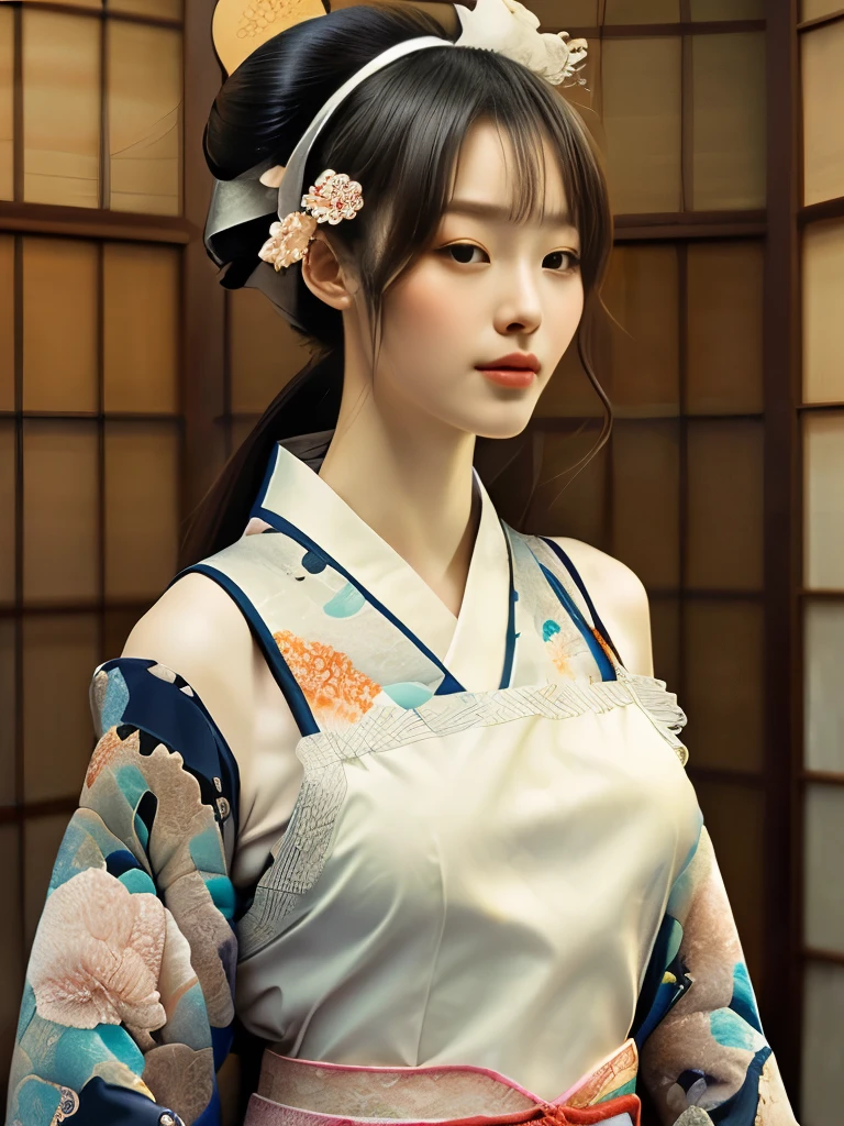 (Composition up to the knees)、An incredibly beautiful young woman、A cafe maid in the early Showa period、Elaborately drawn(Traditional Japanese kimono with kanoko pattern:1.６)、(Over the kimono, a white apron with large frills is worn on the shoulder straps.:1.5)、Traditional Japan hairstyles、Wear a white frilly headband、smile、(highest quality、4k、8k、High resolution、masterpiece:1.2)、Super detailed、(Real、Photorealistic、Photorealistic:1.37)、Portrait、Bright colors、Soft lighting、