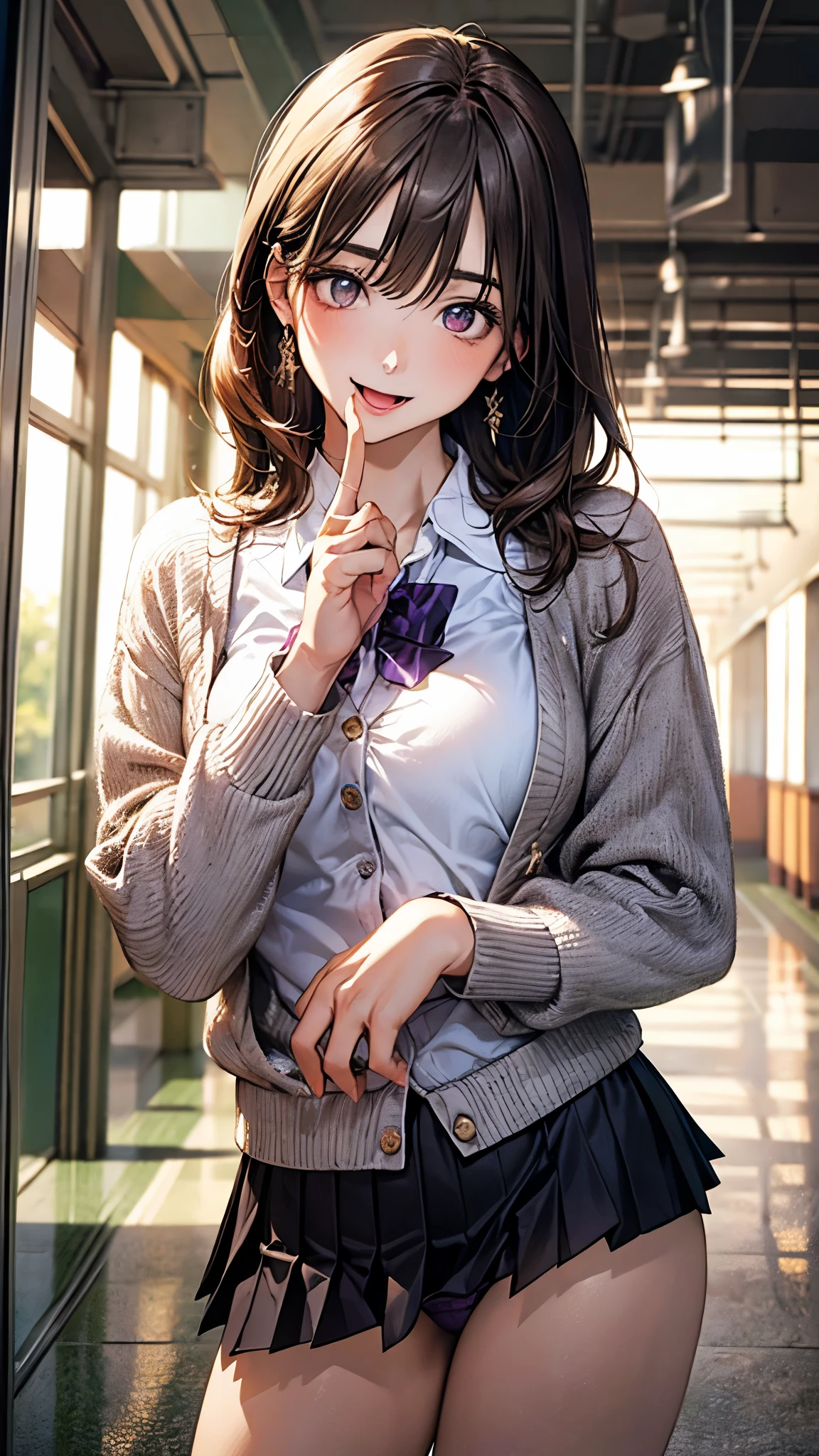(masterpiece:1.2, top-quality), (realistic, photorealistic:1.4), beautiful illustration, (natural side lighting, movie lighting),
looking at viewer, cowboy shot, (from below), 1 girl, japanese, high school girl, perfect face, cute and symmetrical face, suntan, shiny skin,
(middle hair), ((two side up:1.2)), (light brown hair), hair between eyes, blunt bangs, big eyes, slant eyes, (gold eyes), long eye lasher, (medium breasts),
beautiful hair, beautiful face, beautiful detailed eyes, beautiful clavicle, beautiful body, beautiful chest, beautiful thigh, beautiful legs, beautiful fingers,
(white collared shirts, purple pleated skirt, light grey cardigan), dark red bowtie, panties:1,2,
(beautiful scenery), (school hallway:1.2), (head tilt, finger to mouth:1.2), (lovely smile, upper eyes, open mouth),