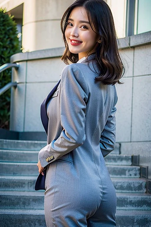 highest quality、超A high resolution、(Photorealistic:1.4)、1 girl、Grey pantsuit、Office stairs、looked back、smile、Accentuate your butt