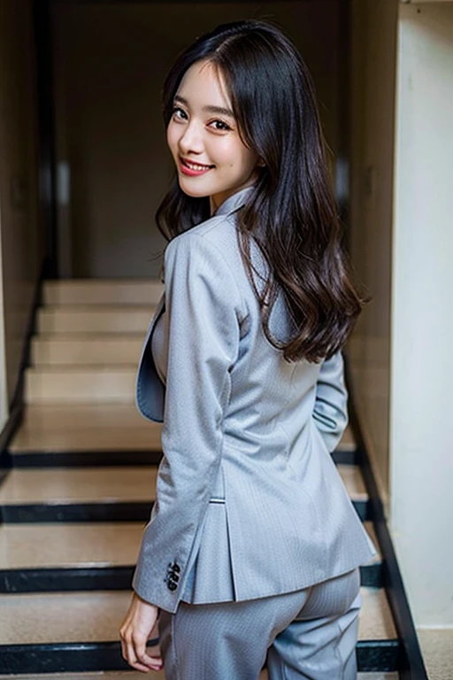 highest quality、超A high resolution、(Photorealistic:1.4)、1 girl、Grey pantsuit、Office stairs、looked back、smile、Accentuate your butt