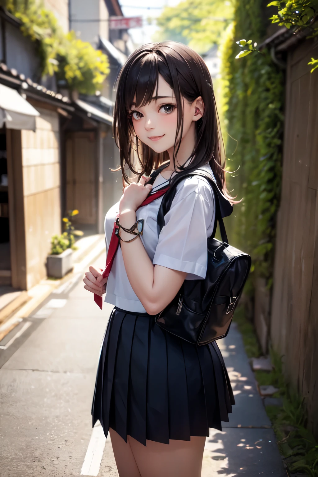 top-quality、high-level image quality、high-detail、8K、1little girl、Very cute、Beautiful Beautiful Girl、Deities々Right、Cute as an angel、eyes large、Glossy girl、Fluffy smile、150cm、Jacket White Polo Shirt、red necktie、Red hanging skirt、Red Salopette、Red suspenders、A dark-haired、Very short birdtail、Very small twin tails、The tail is short and small、Forehead、Naked Deco、Carrying a red school bag、red school bag、Put a whistle in your school bag、The wind blows from left hand to right hand、Strong winds are blowing、Likely to be blown away by the wind、Windy、blows wind、Skirt fluttering in the wind、Foot height々Raise and walk、outside of house、School route、returning home、Sunnyday、Dove walking in the background、Dove on background、White Hiace on background