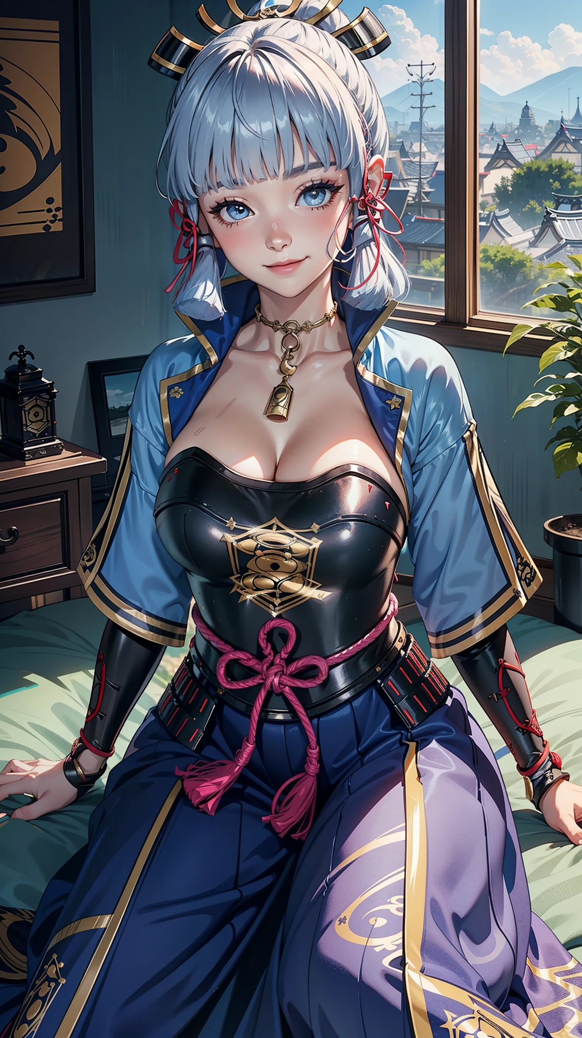 (Kamisatoayakadef), (narrow waist), blushing, official art, detail face, cg, sitting in bed, (expansive landscape photography:1.2),(indoor night), huge breasts,smile, make up, eyeliner, eyeshadow