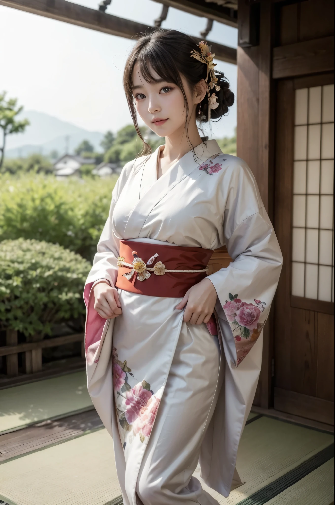 (masterpiece, highest quality, Realistic, High resolution, photograph, :1.3), Sharp focus, 1 Cute Japanese Girl, Hot Model, Highly detailed eyes and pupils, Realistic Skin, Highly detailed hair, Delicate face, Sensual look, Bright lips, Natural Lip, ((whole body shot)), standing pose, smile, (Furisode:1.5), (Floral:1.2), ((sash)), ((obi)), outside of home, (Japanese Style Country), full body,