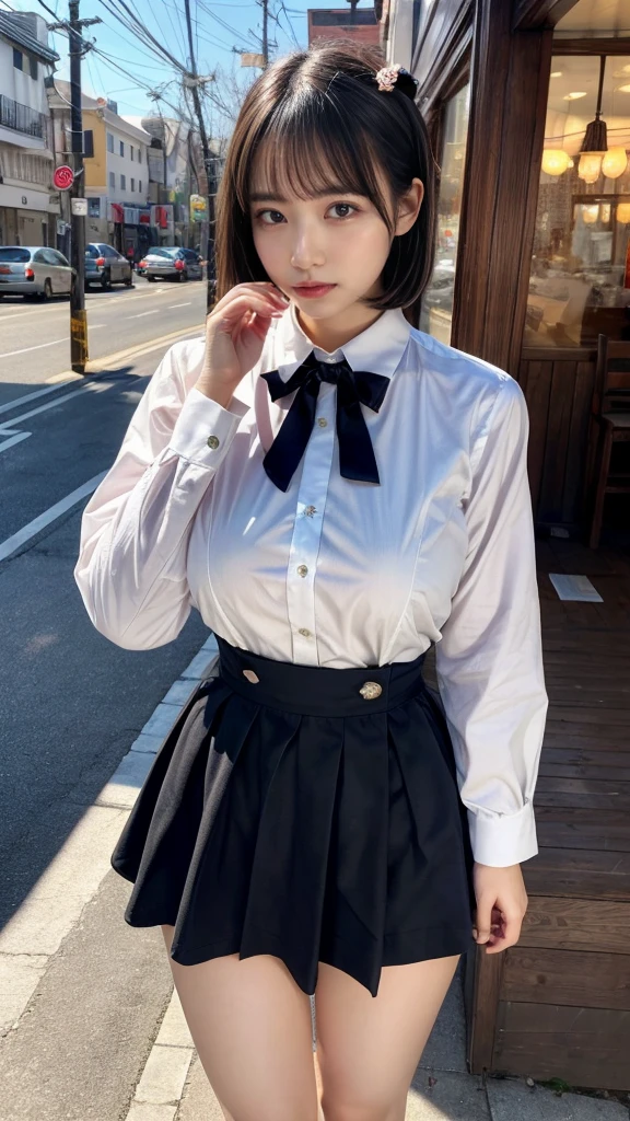 masterpiece, best quality, illustration, Super detailed, fine details, High resolution, 8K,wall paper, perfect dynamic composition,(Details High quality, realistic depiction of eyes:1.3), waitress uniform, restaurant, huge breasts, short bob hair、black hair color, Big Natural Color Lip, (perfect body shape), crying a little、cold gaze, Harajuku style、20 year old girl、cute type、lolita、beautiful legs, focus on crotch, full body photo, gravure idol