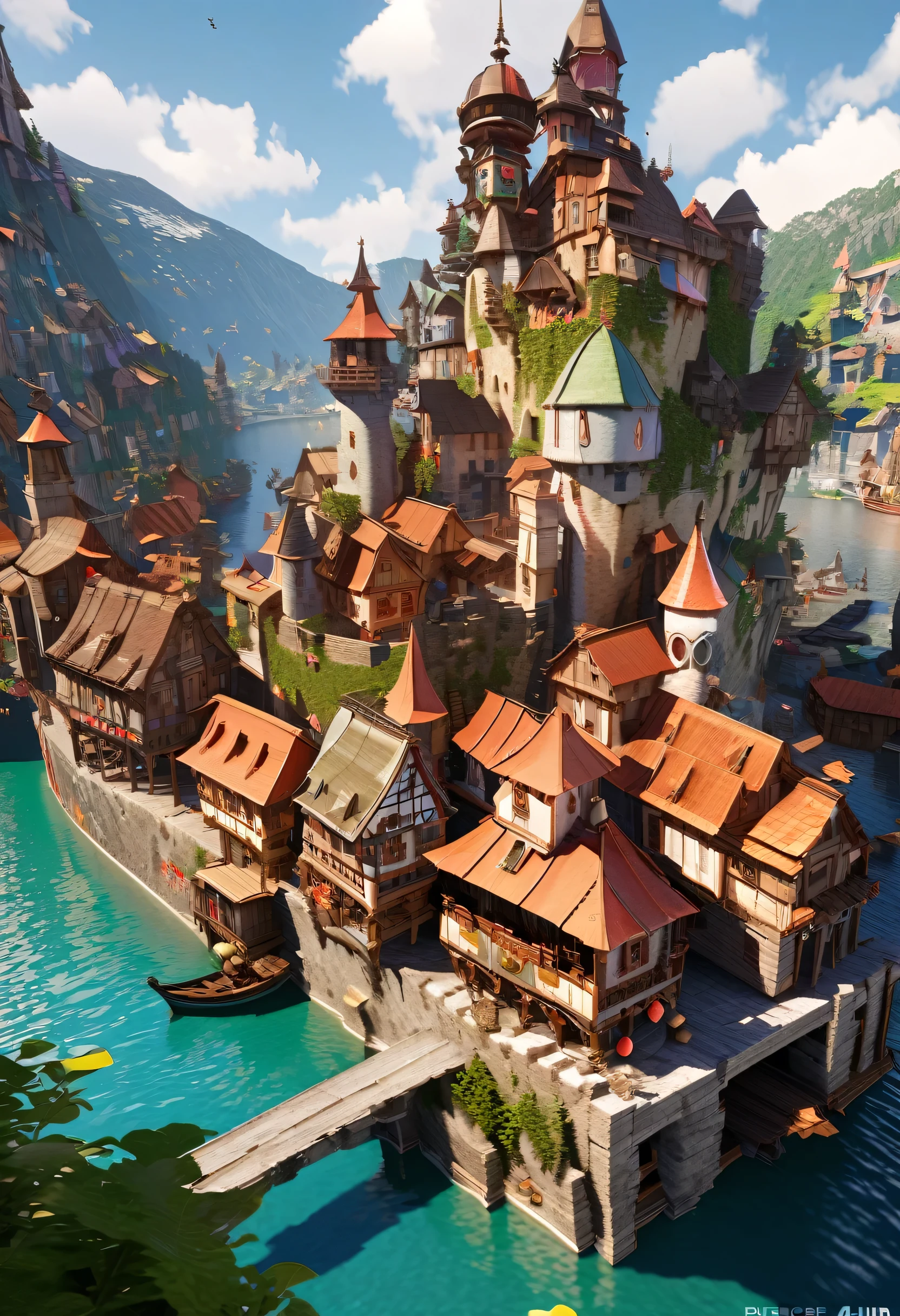 Fantasy painting of a riverside village, Render in Cinema4D, Bulbous, Precise nautical details, Creative character design, Whimsical cartoon style, 32k uhd --ar 2:1