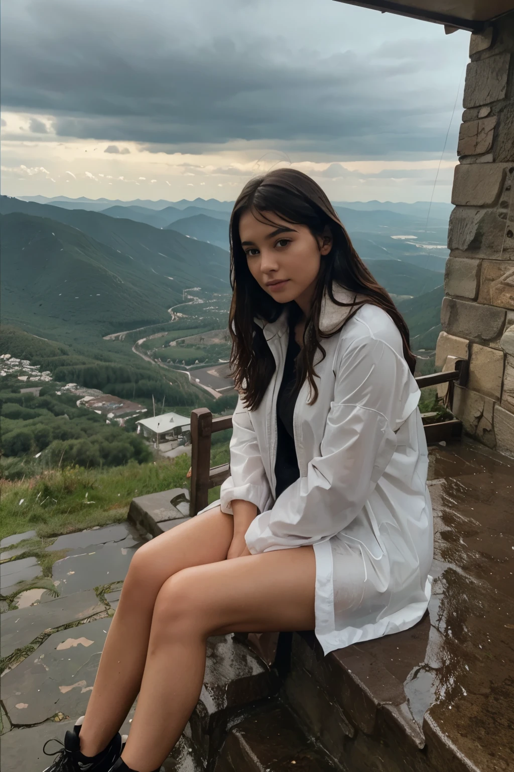 A girl in the rain sitting high on a mountain