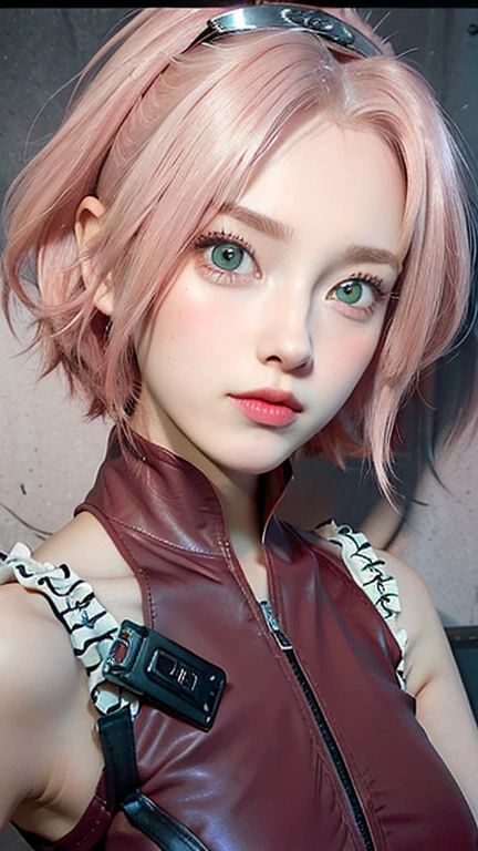 young woman, short shoulder-length pink hair, wide forehead, porcelain skin, pink eyebrows, big emerald green eyes, buttoned nose, full lips, heart-shaped face, slender body, small breasts, red tank top, Sakura Haruno , realistic, realism, details, 3d, well detailed