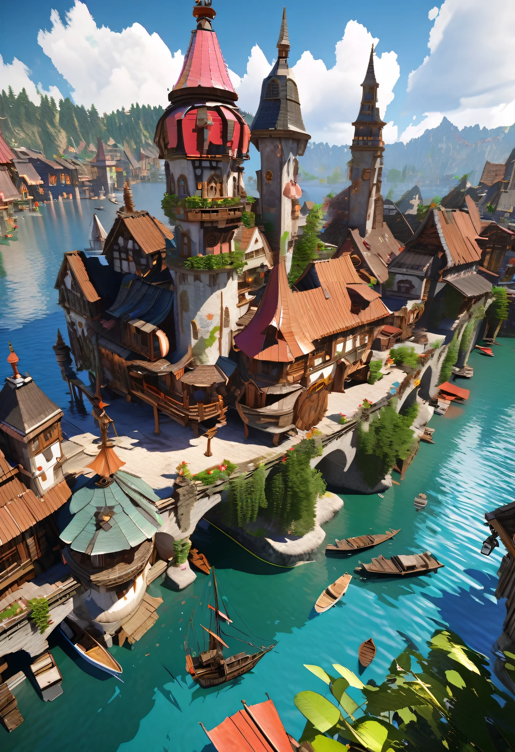 Fantasy painting of a riverside village, Render in Cinema4D, Bulbous, Precise nautical details, Creative character design, Whimsical cartoon style, 32k uhd --ar 2:1