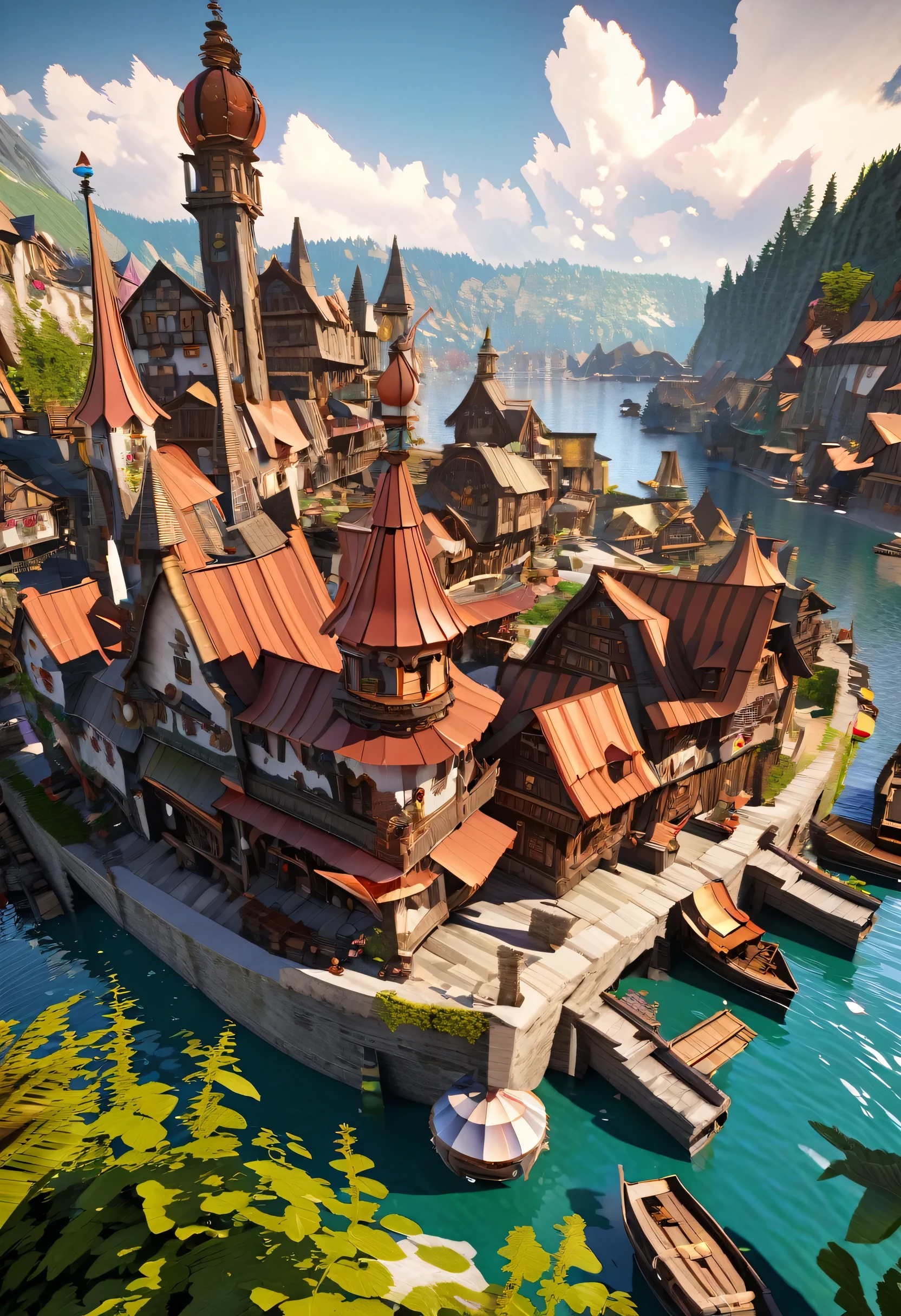 Fantasy painting of a riverside village, Render in Cinema4D, Bulbous, Precise nautical details, Creative character design, Whimsical cartoon style, 32k uhd --ar 2:1